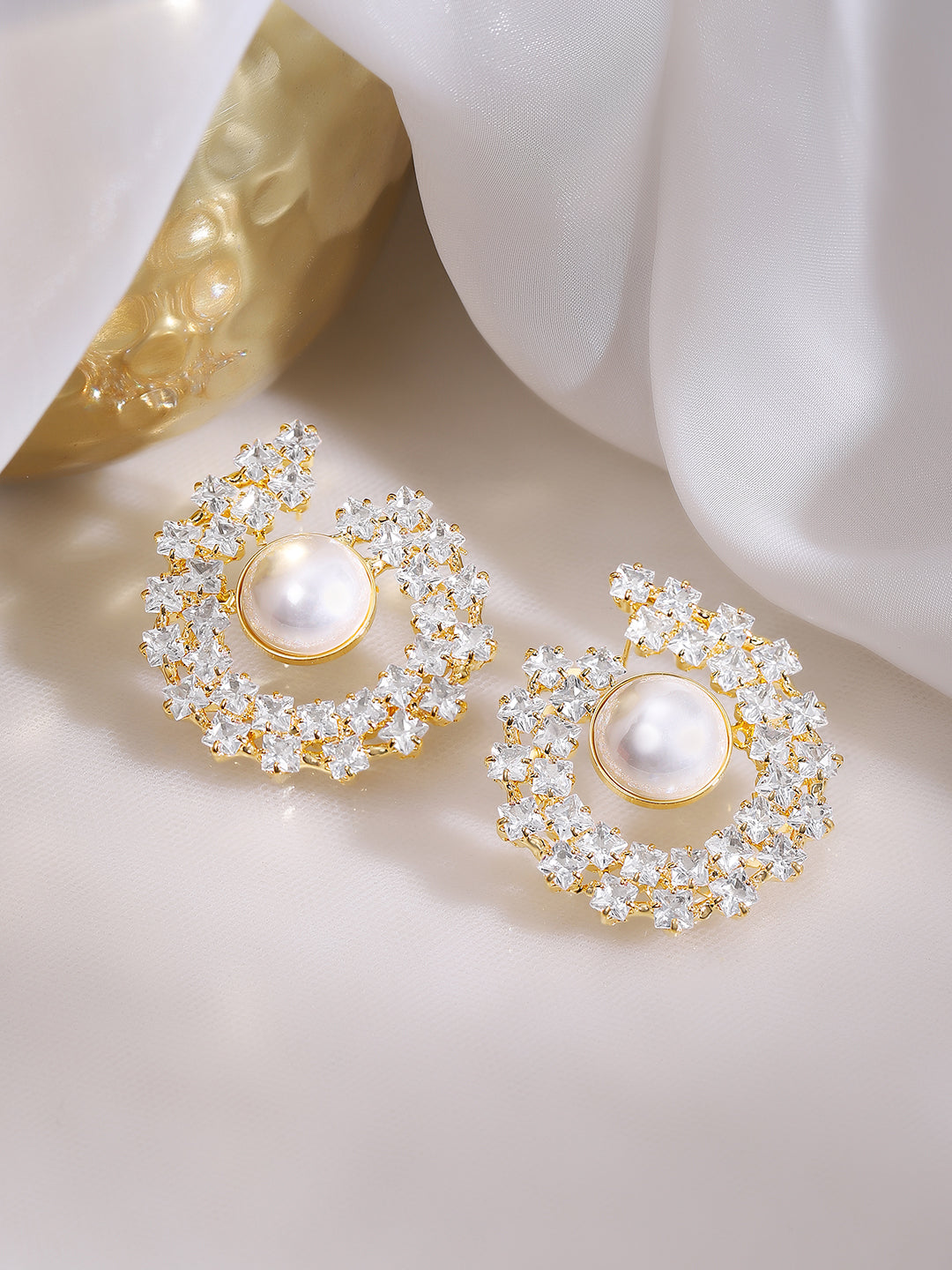 Gold Plated Crescent Bloom Pearl Stud Earrings