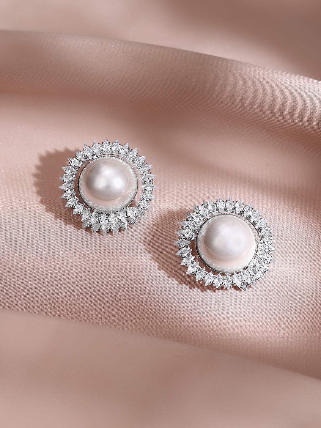 Rhodium Plated Sunburst Radiance Pearl Stud Earrings