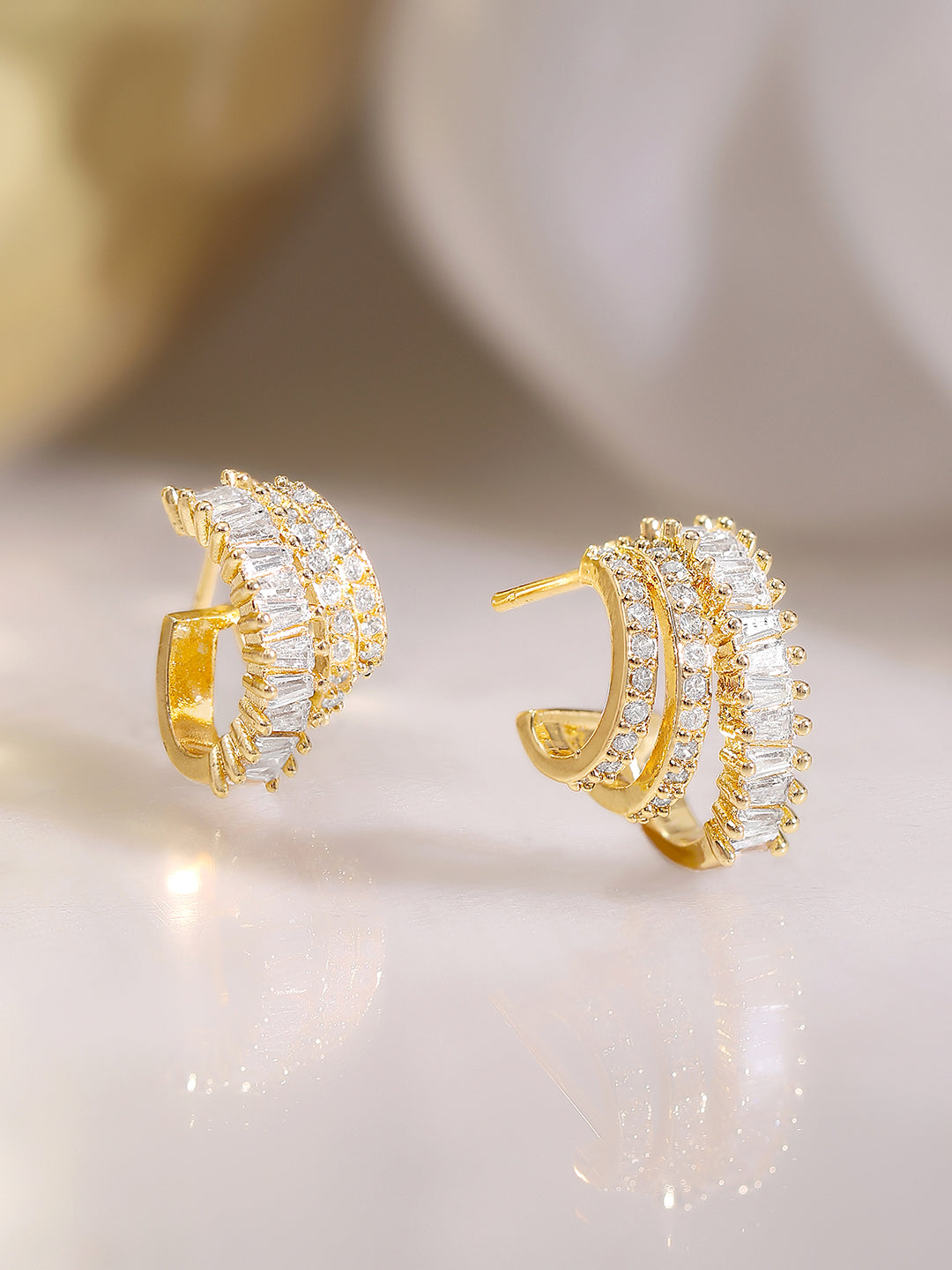 Gold Plated Baguette Crystal Multi-Row Hoop Earrings