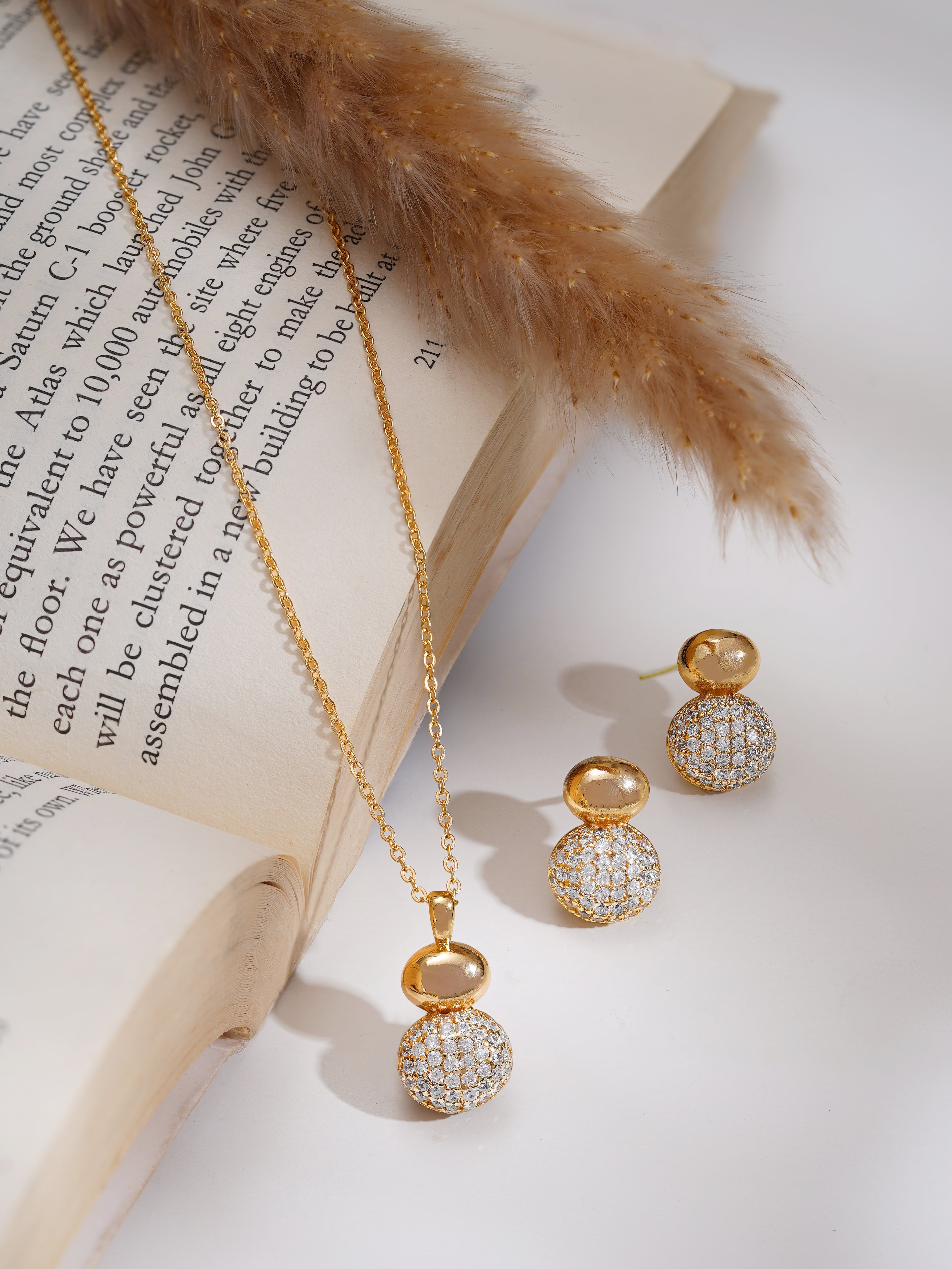 Gold Plated American Diamond Zirconia circular Drop Pendant Set