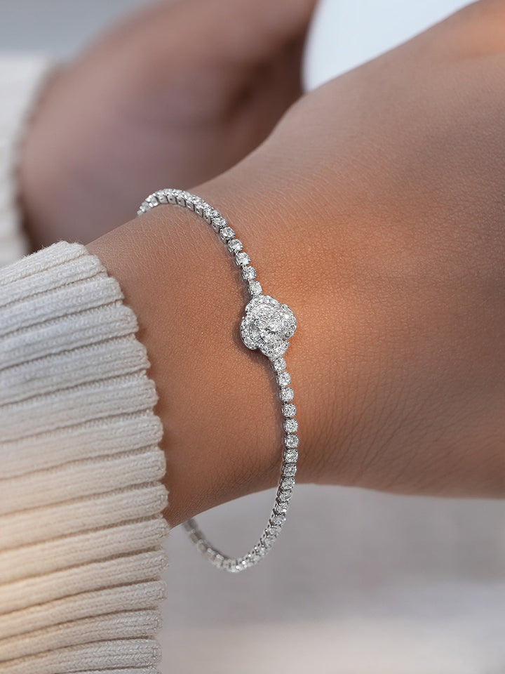 Rhodium Plated Floral Motif Silver Bracelet
