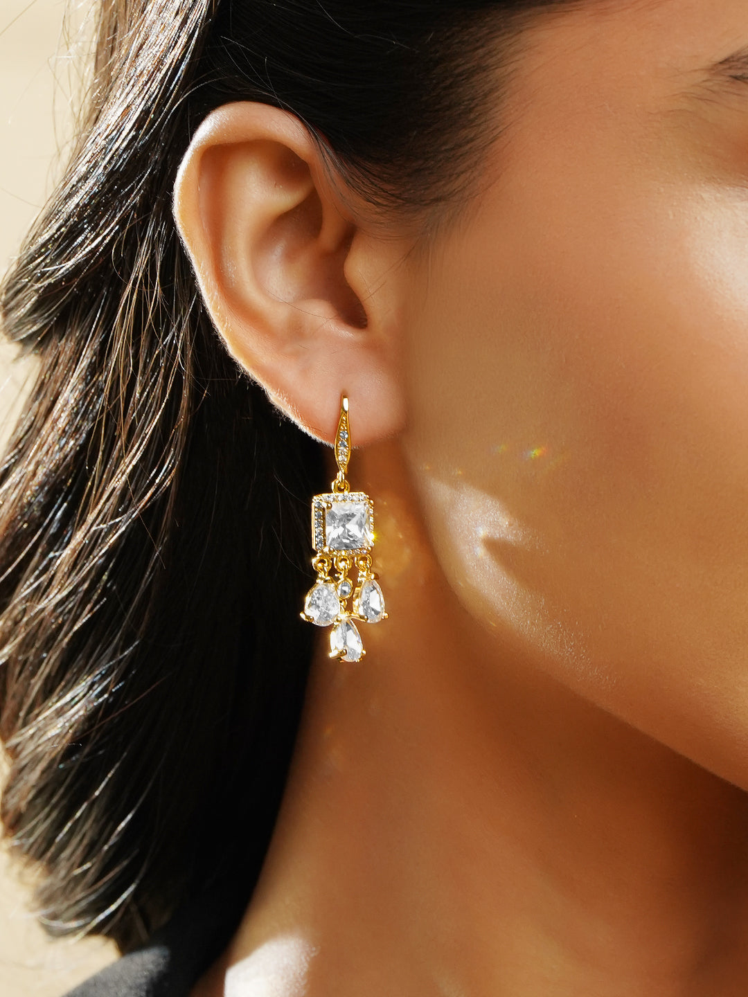 Rubans 18K Gold Plated Square & Pear Crystal Zirconia Stone Elegant Drop Earrings