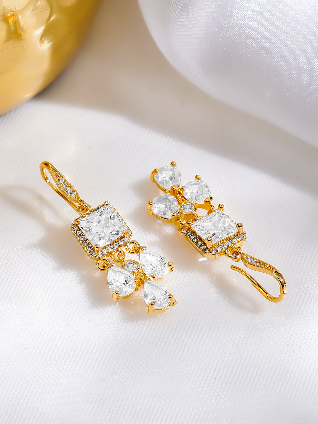 Rubans 18K Gold Plated Square & Pear Crystal Zirconia Stone Elegant Drop Earrings