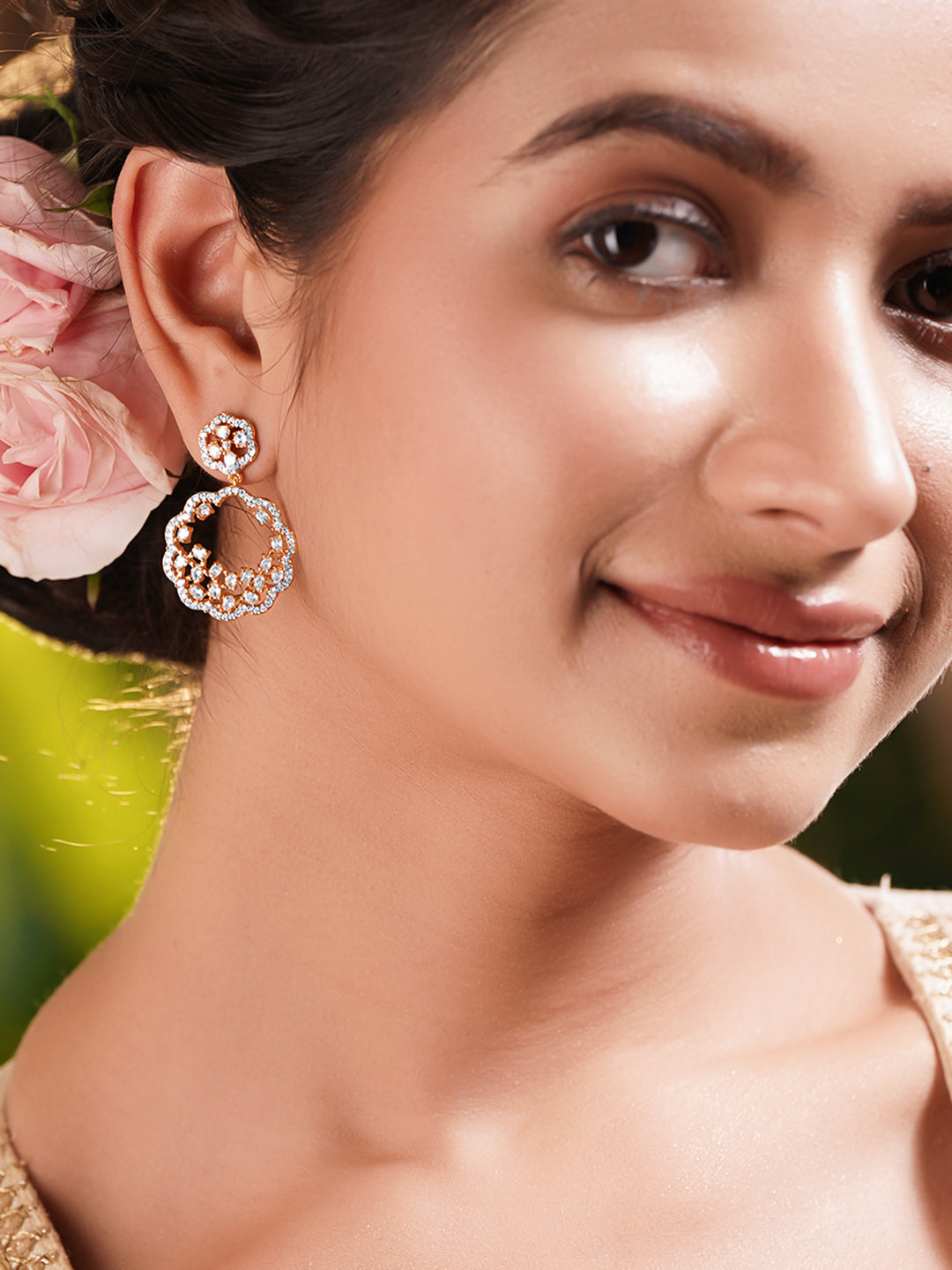 Gold Plated Brass American Diamond Floral Drop Earrings
