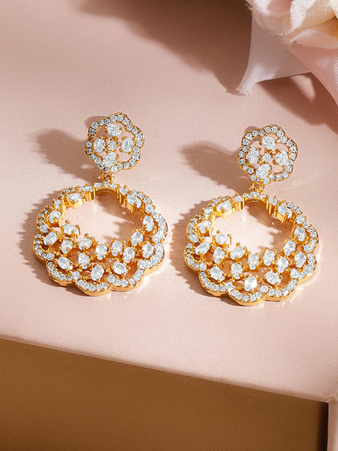 Gold Plated Brass American Diamond Floral Drop Earrings