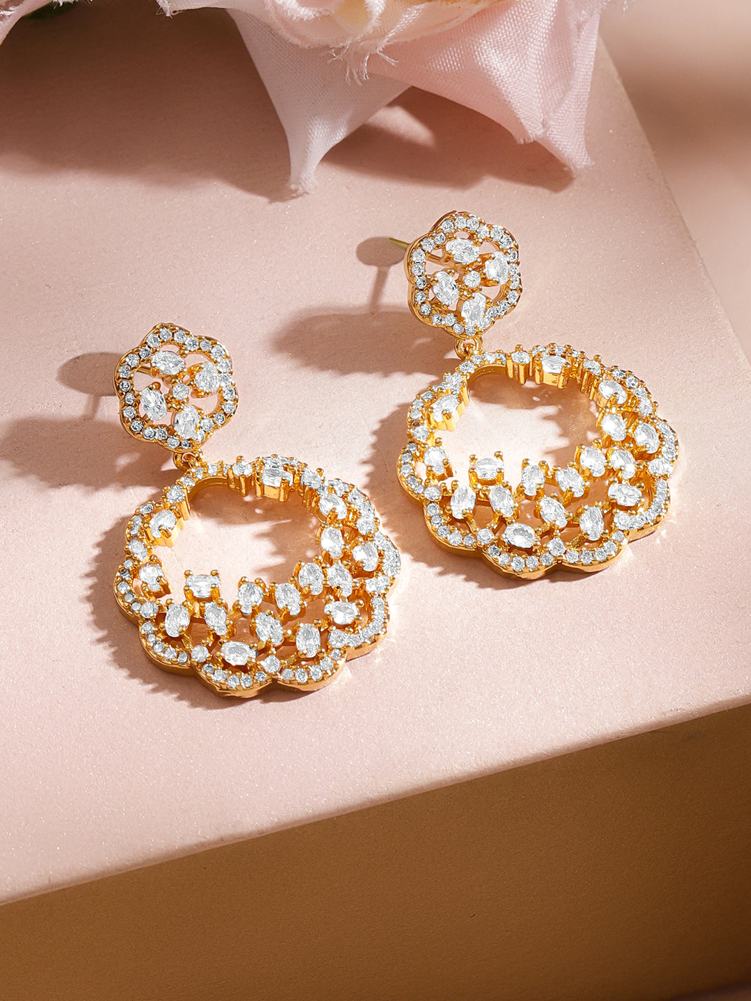 Gold Plated Brass American Diamond Floral Drop Earrings