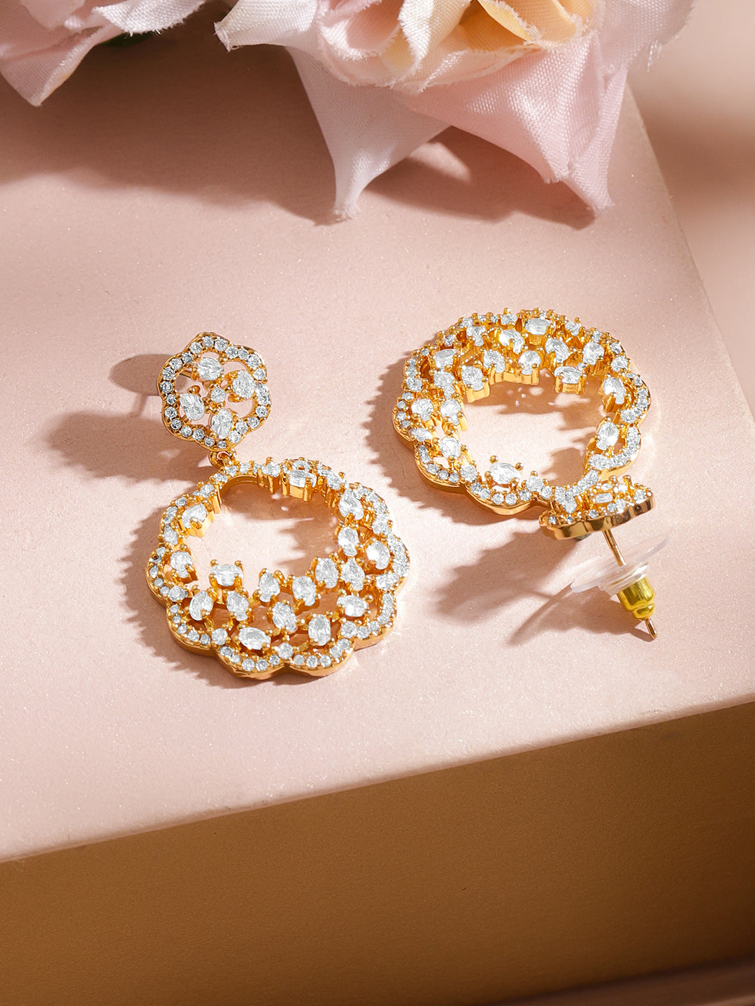 Gold Plated Brass American Diamond Floral Drop Earrings