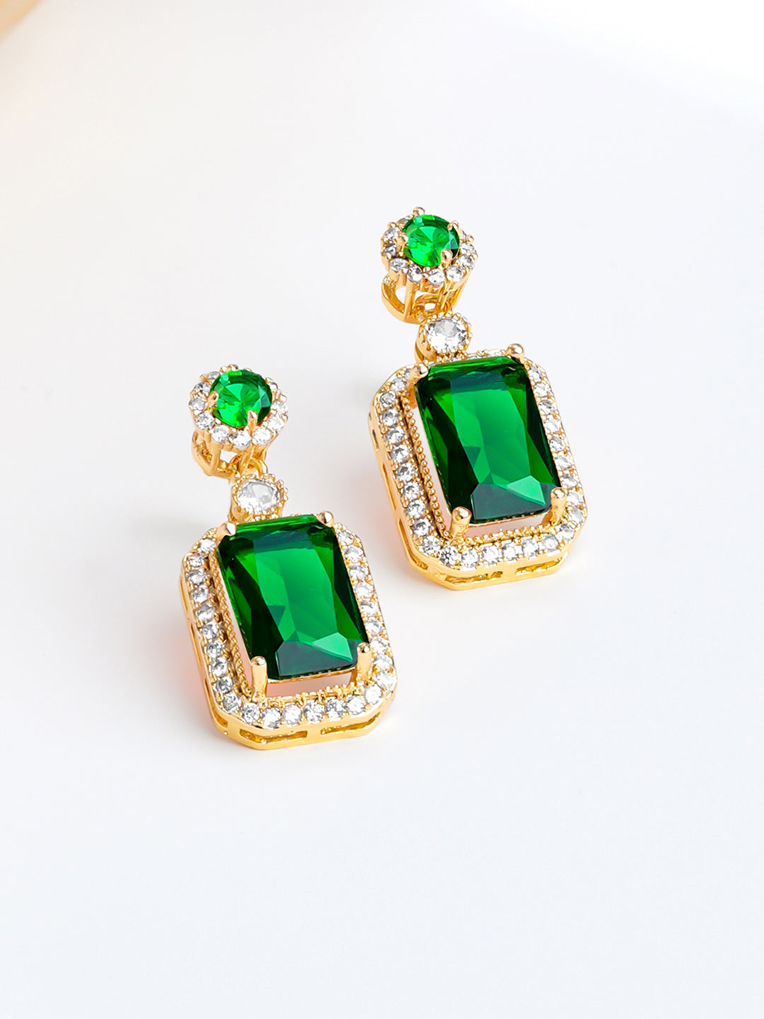 18K Gold Plated Emerald Crystal Halo Drop Earrings | Anti Tarnish