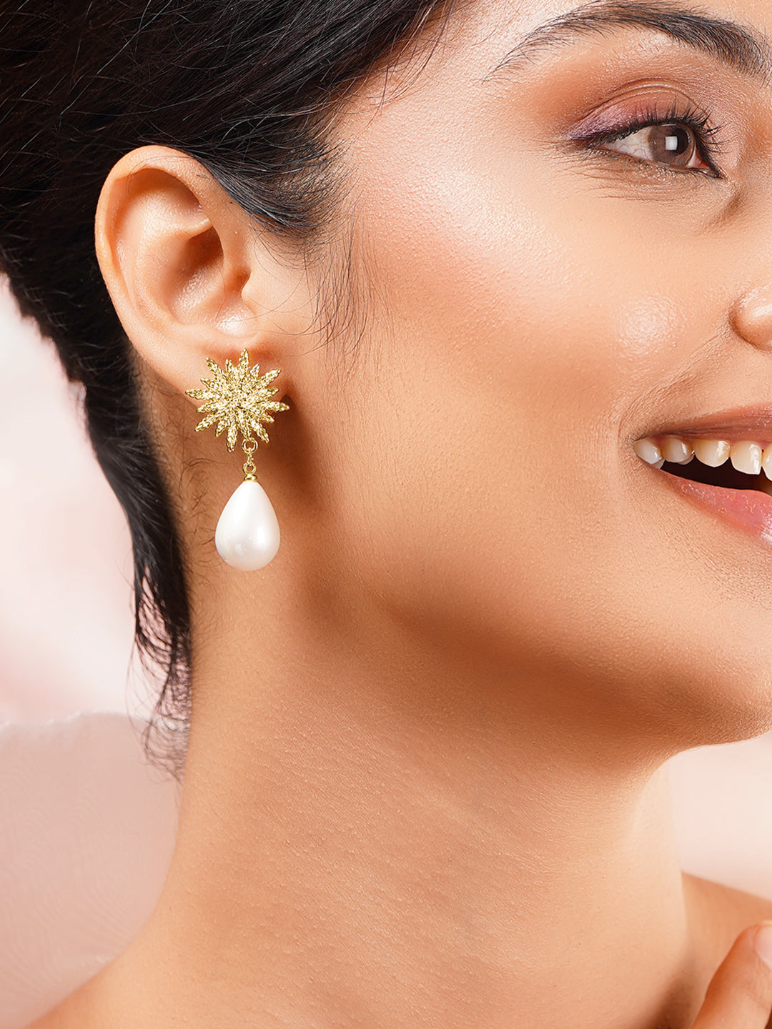 Gold Plated Star Motif Pearl Drop Earrings