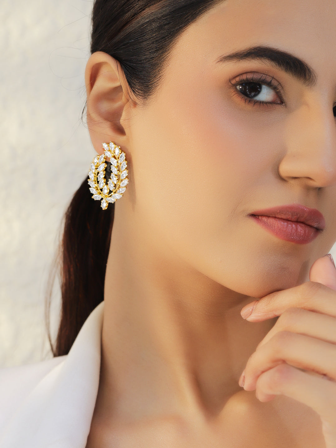 Leaf Motif Gold Toned Crystal Stud Earrings