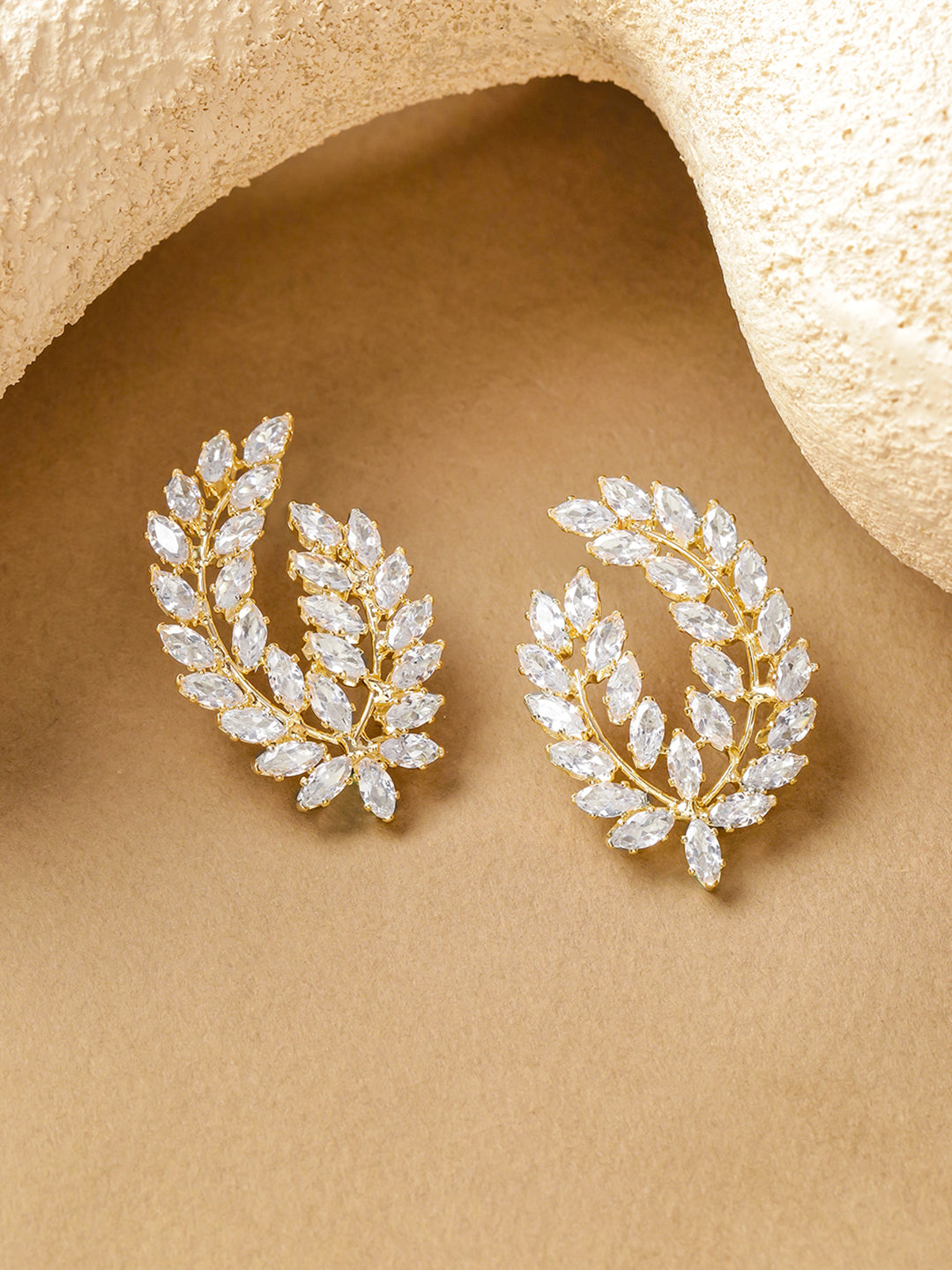 Leaf Motif Gold Toned Crystal Stud Earrings