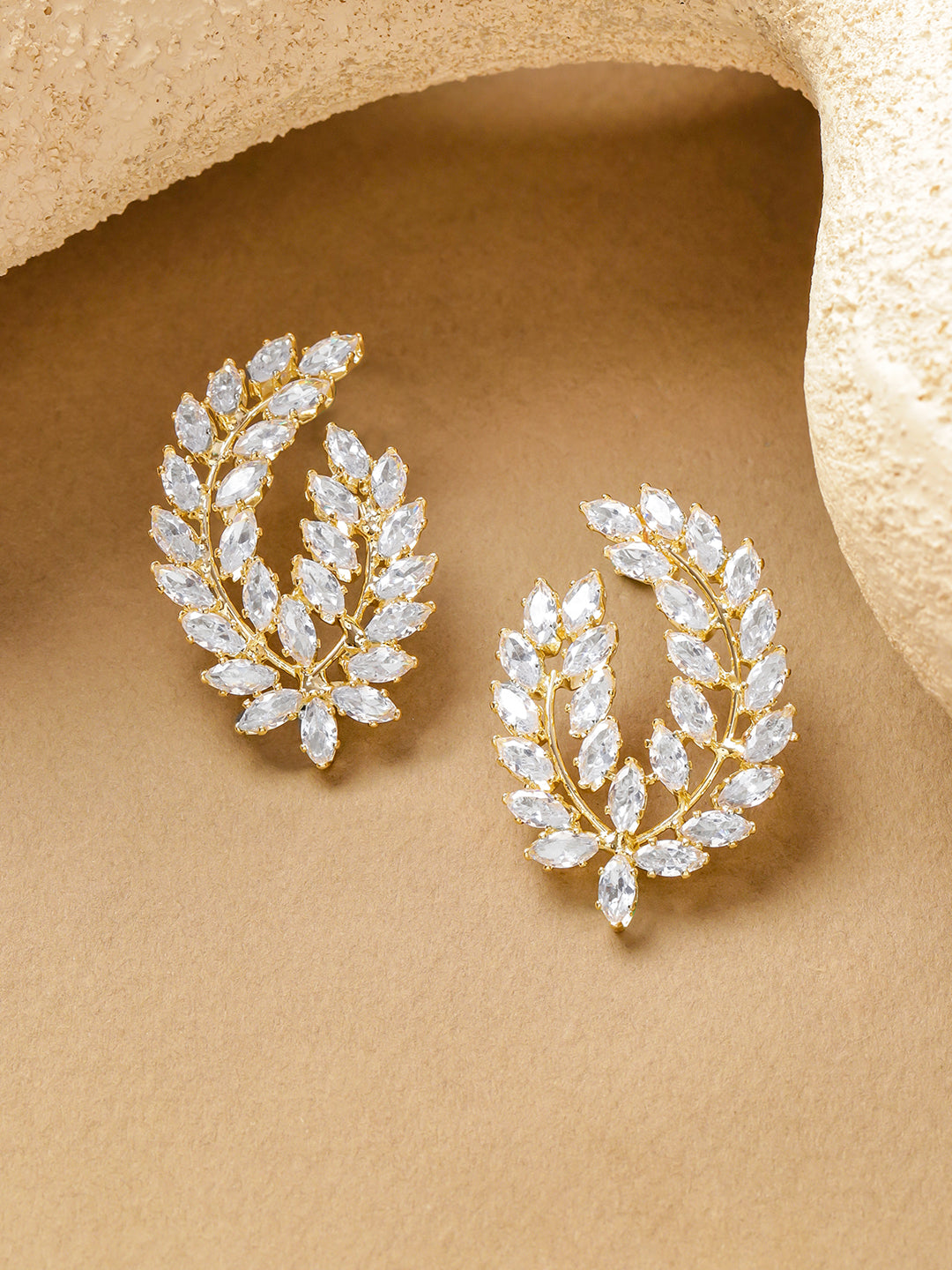 Leaf Motif Gold Toned Crystal Stud Earrings