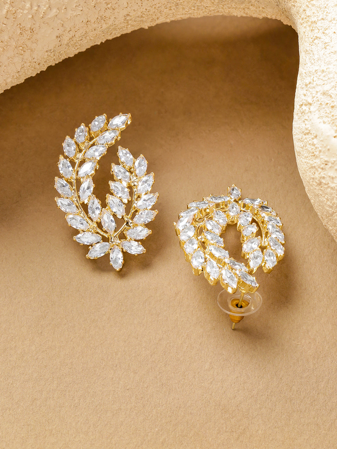 Leaf Motif Gold Toned Crystal Stud Earrings