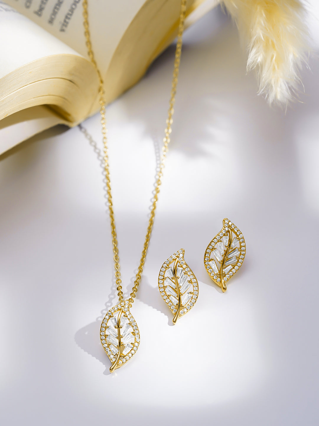 American Diamond Zirconia Leaf Pendant Necklace Set