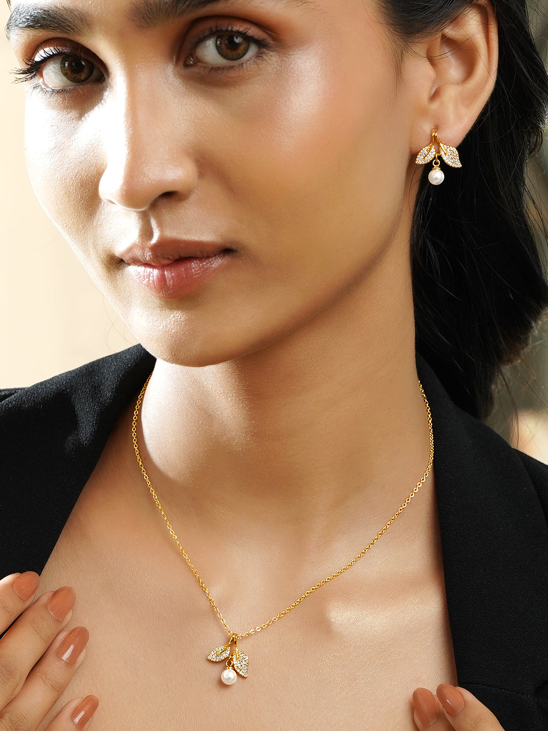 Rubans 18K Gold-Plated Flora Pearl Drop Pendant Set with Sparkling Crystal Accents