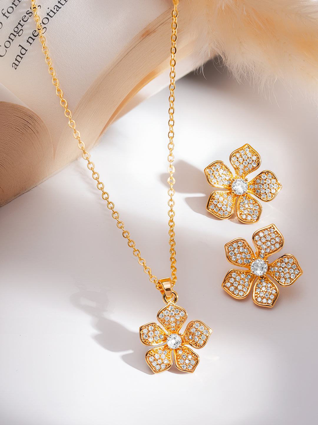 American Diamond Zirconia Floral Pendant Set