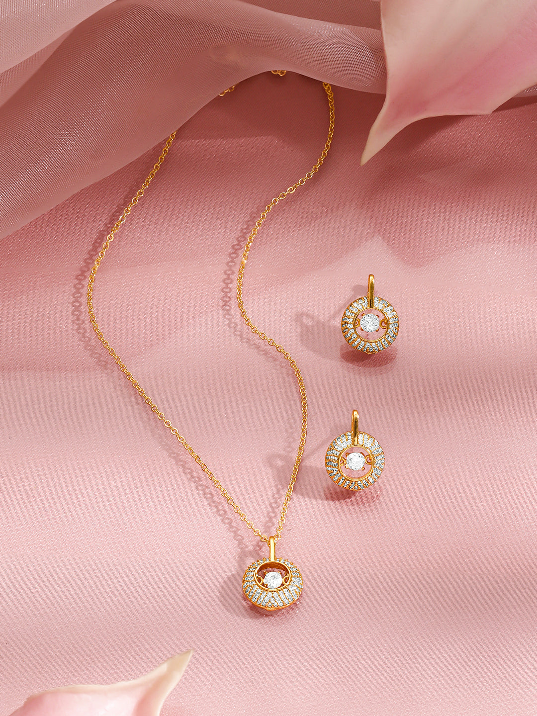 Rubans 18K Gold Plated Brass Gold Crystal AD Studded Pendant Necklace Set