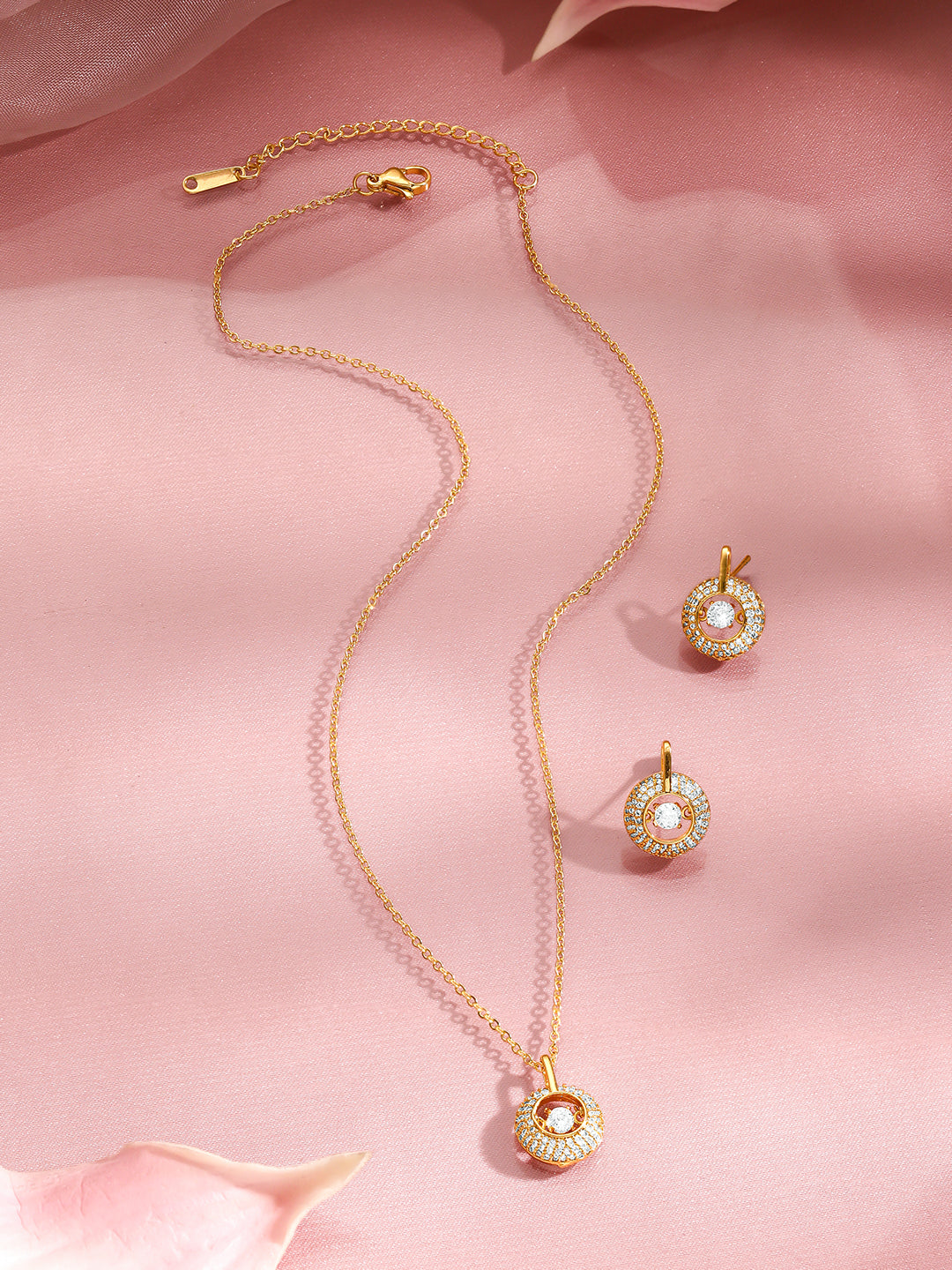 Rubans 18K Gold Plated Brass Gold Crystal AD Studded Pendant Necklace Set