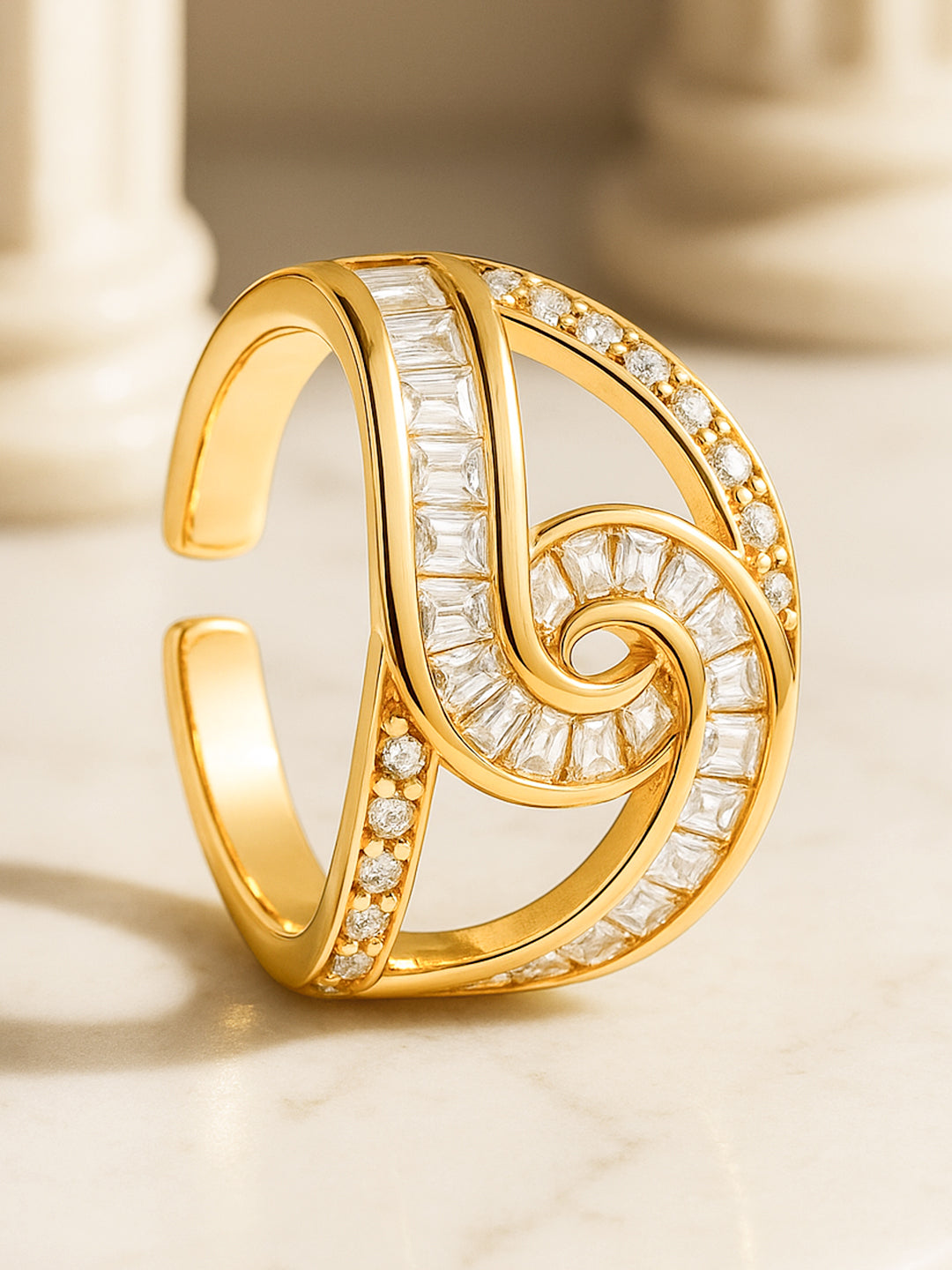 Rubans 18K Gold-Plated Brass Linked Curve Design Cubic Zirconia Adjustable Finger Ring