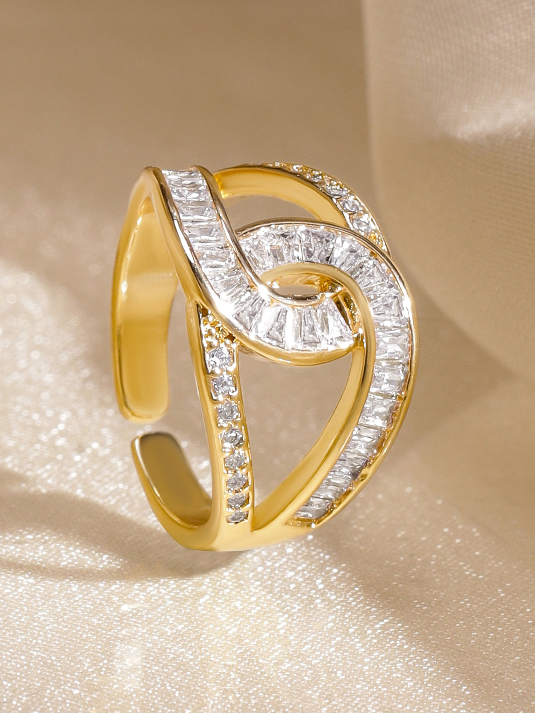 Rubans 18K Gold-Plated Brass Linked Curve Design Cubic Zirconia Adjustable Finger Ring