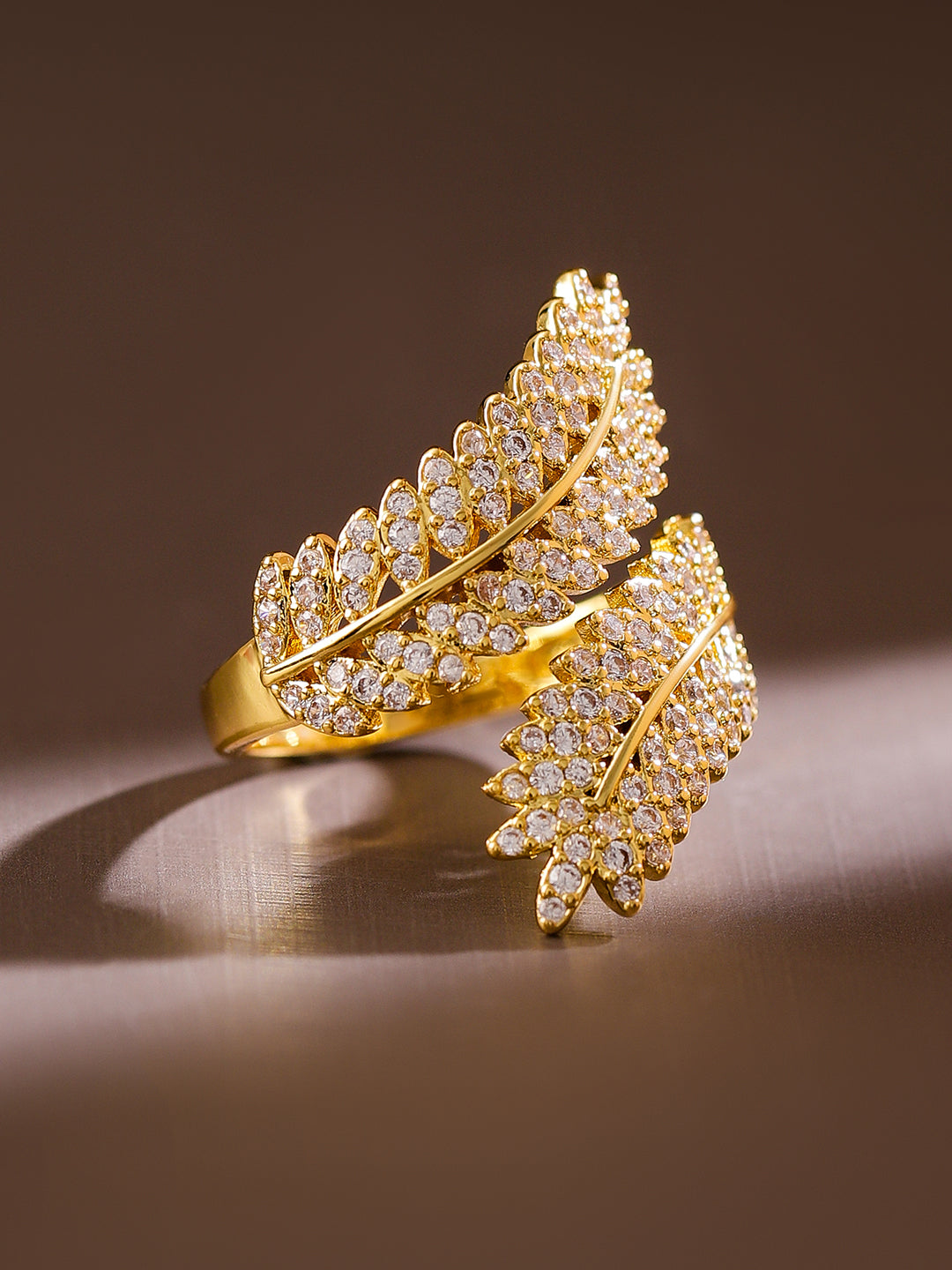 American Diamond Zirconia Leaf Design Gold Ring