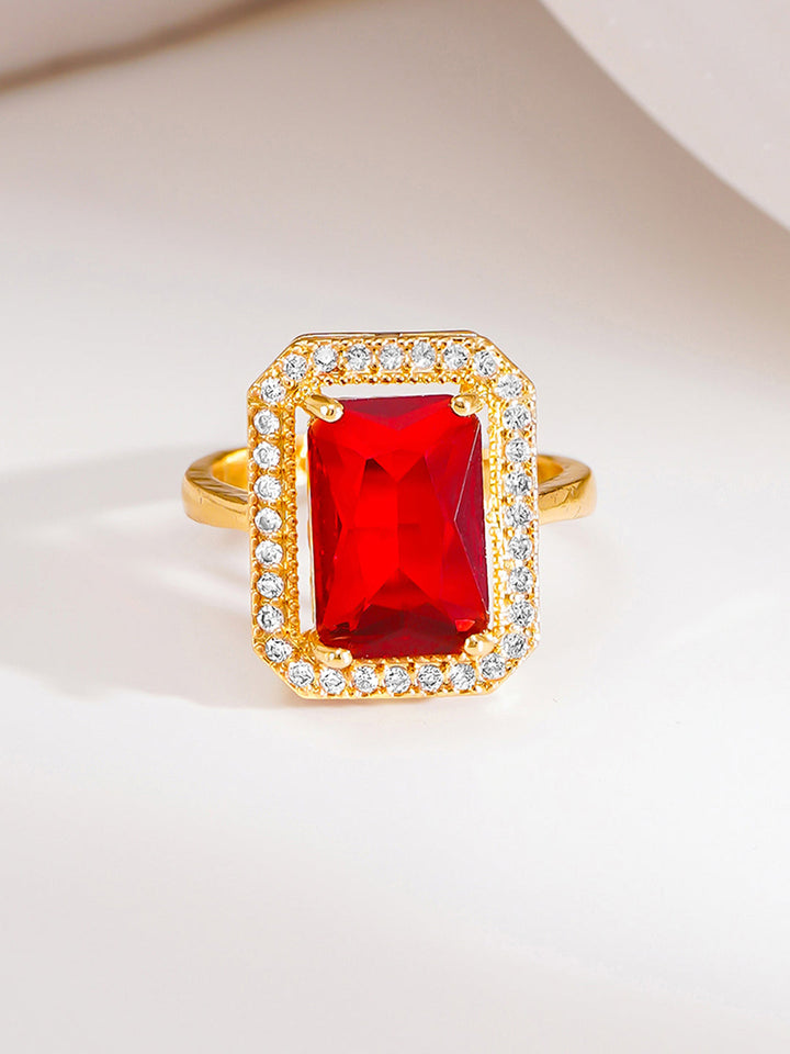 18K Gold Plated Ruby Crystal Halo Adjustable Ring | Anti Tarnish