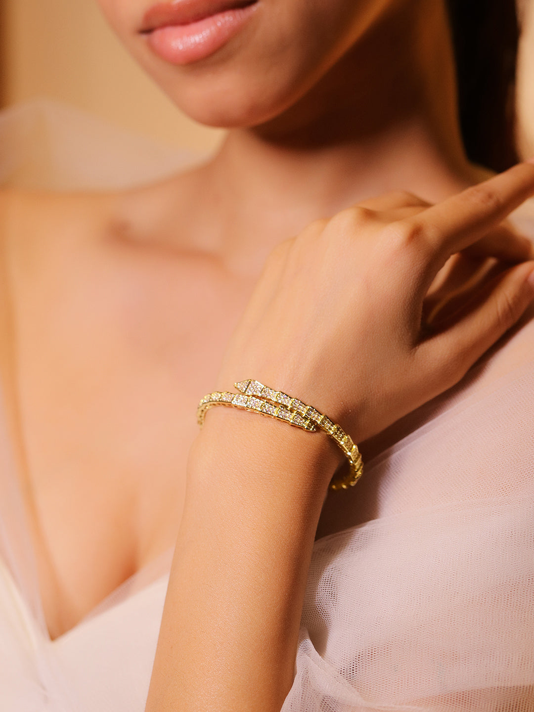 Rubans 22K Gold-Plated Snake Motif Bangle with Dazzling Cubic Zirconia