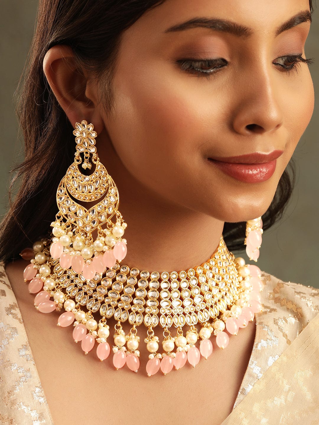 Rubans Royal Radiance 22k Gold Plated Kundan and Pearl Beaded Jewelry Set