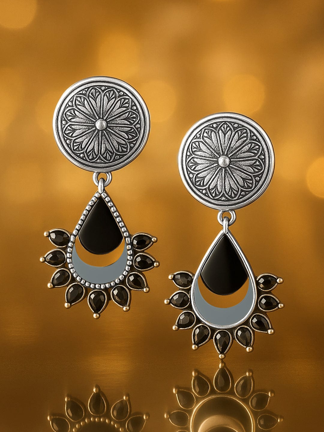 Oxidized Silver-Plated Black and Mirror Work Drop Earrings