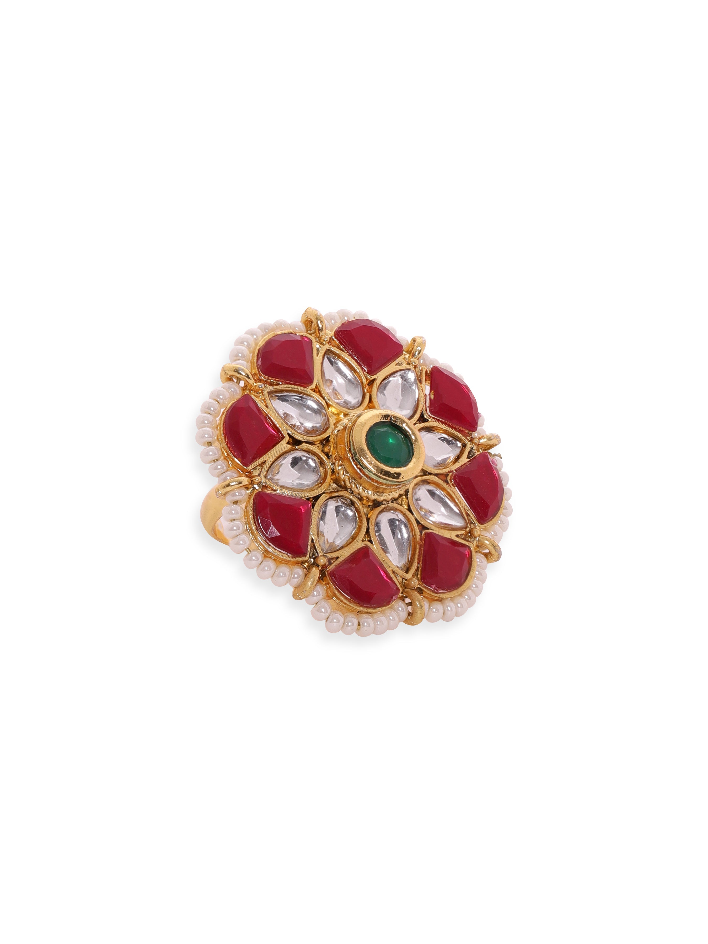Rubans Women 22K Gold-Plated Kundan-Studded & Pearls Beaded Adjustable Finger Ring