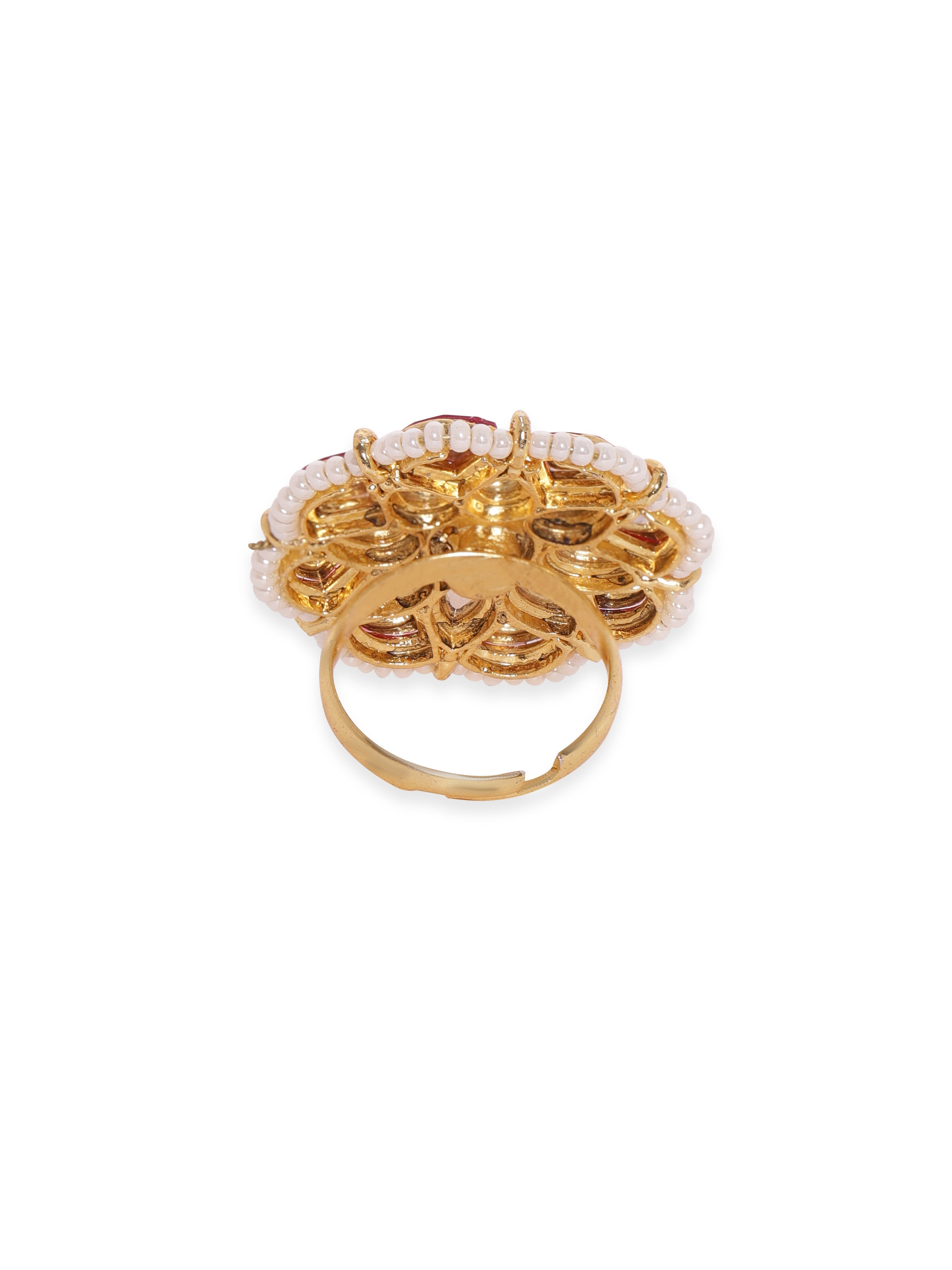Rubans Women 22K Gold-Plated Kundan-Studded & Pearls Beaded Adjustable Finger Ring