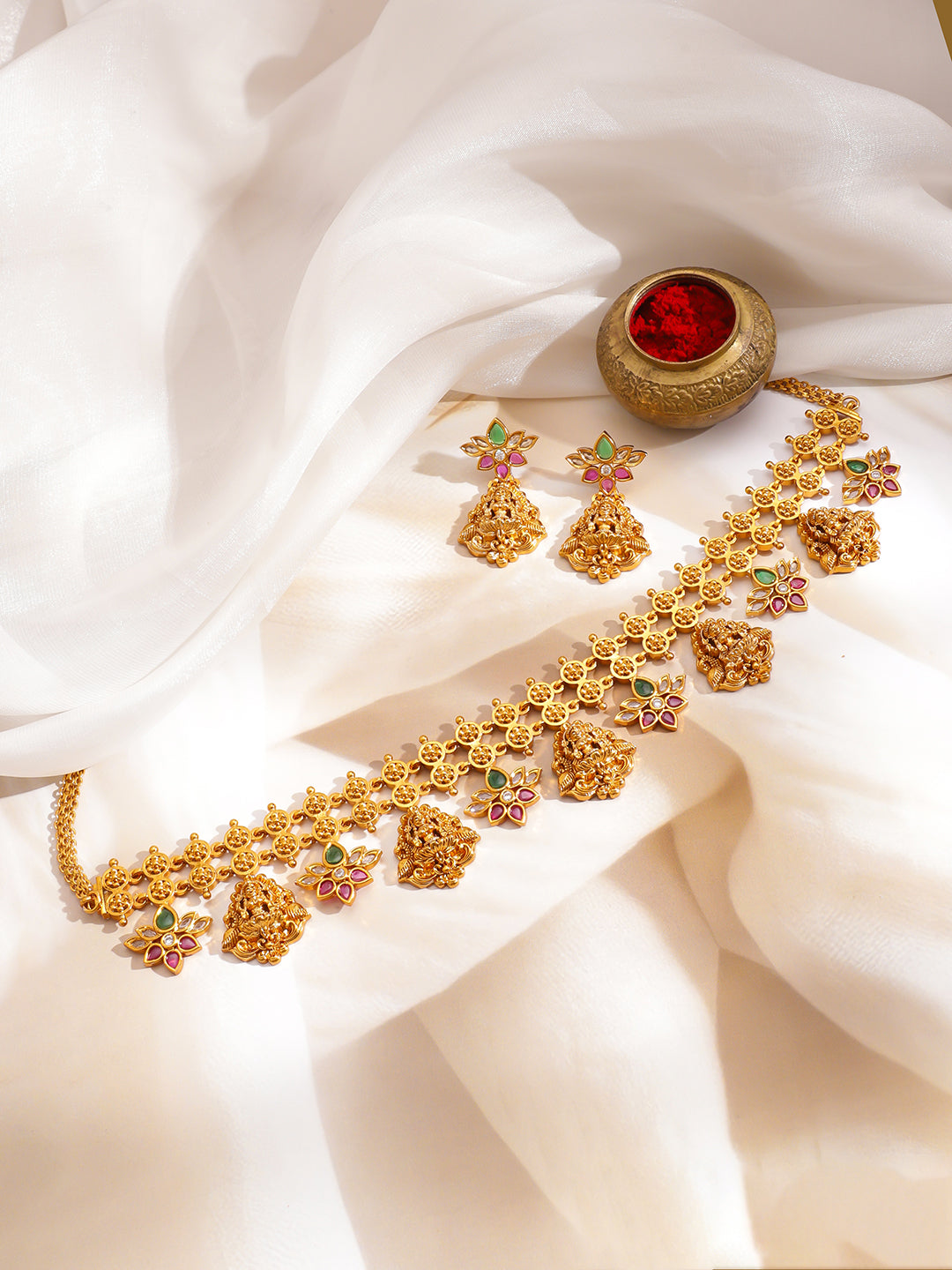 Golden Studded Floral Temple Necklace Set