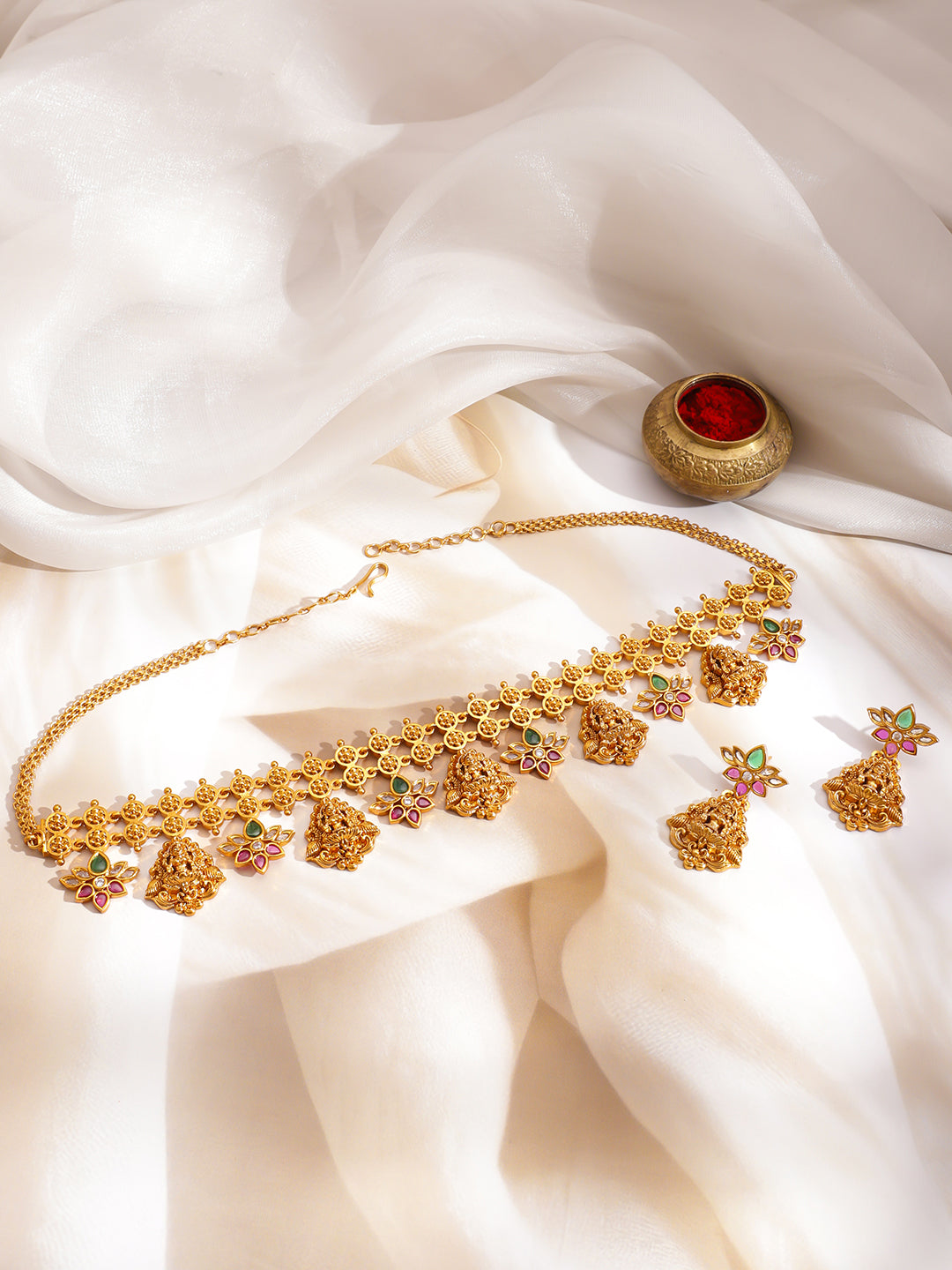 Golden Studded Floral Temple Necklace Set