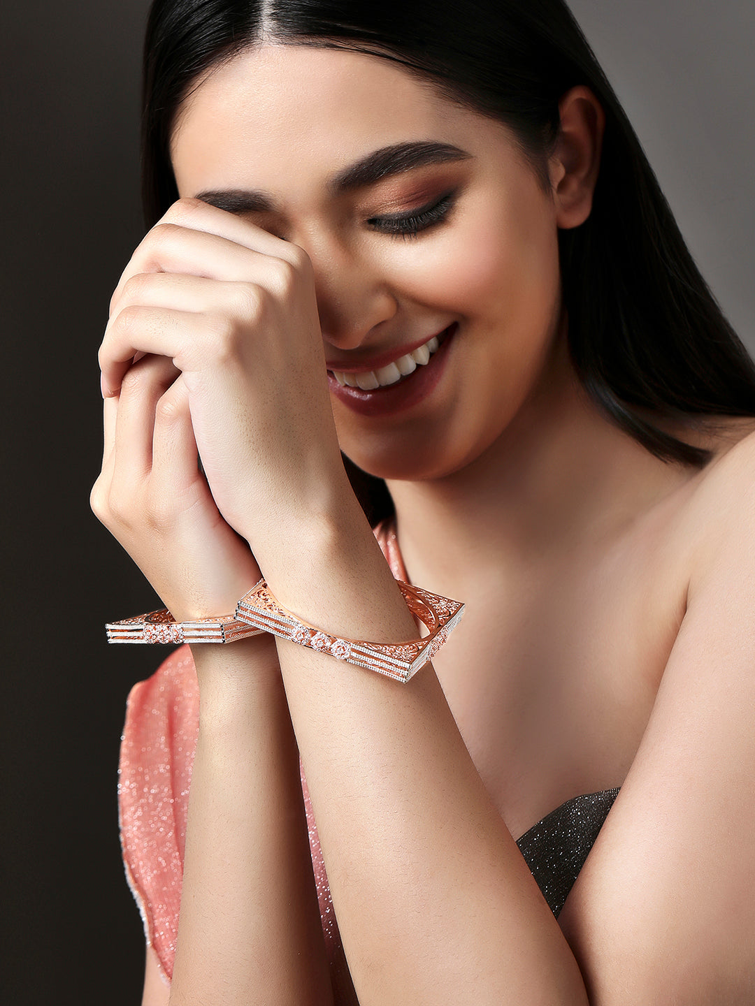 Rubans Set Of 2 Rose Gold-Plated Cubic Zirconia Stone Studded Handcrafted Bangle