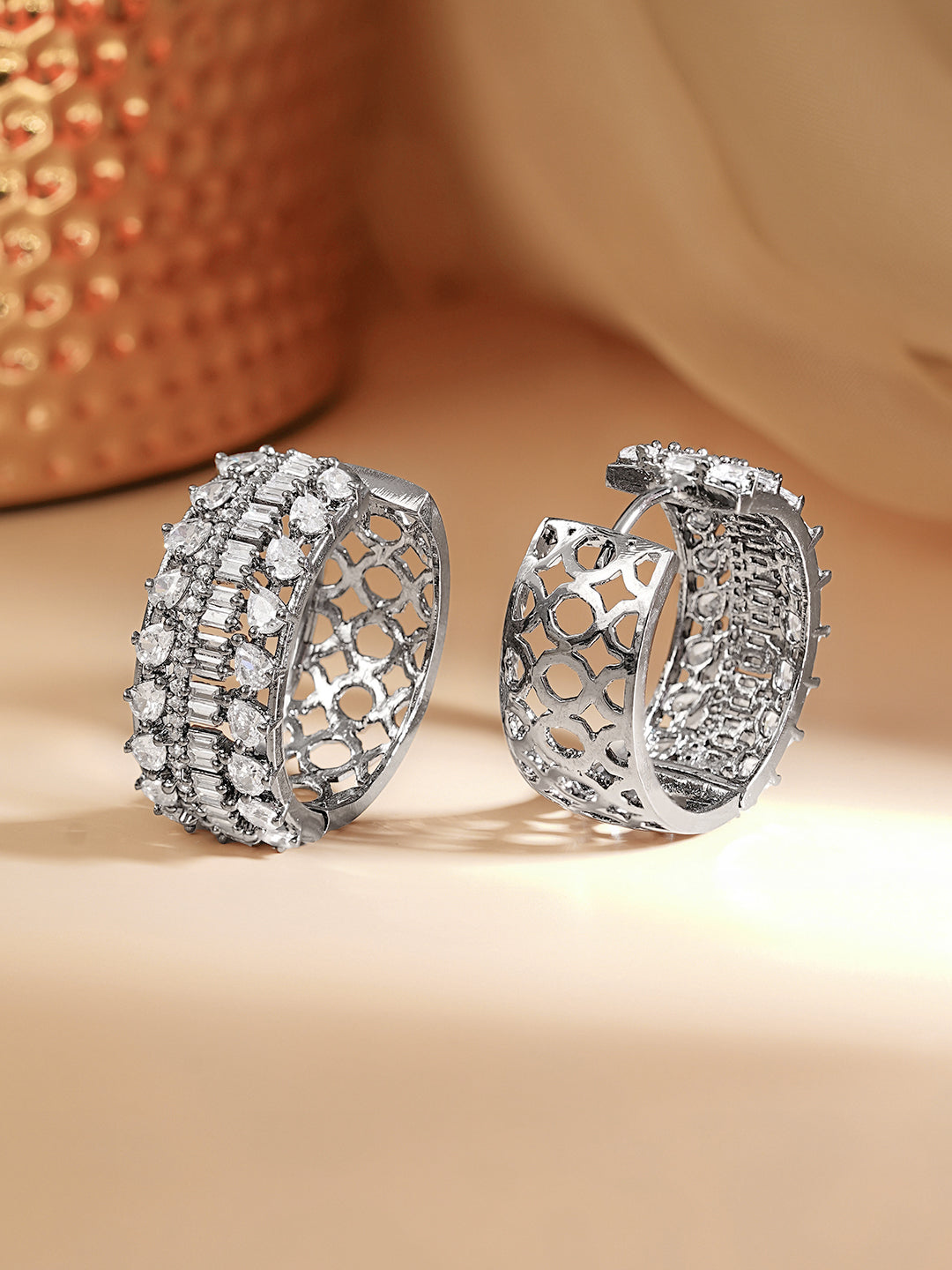 Rhodium Plated American Diamond Zirconia Hoop Eaaings