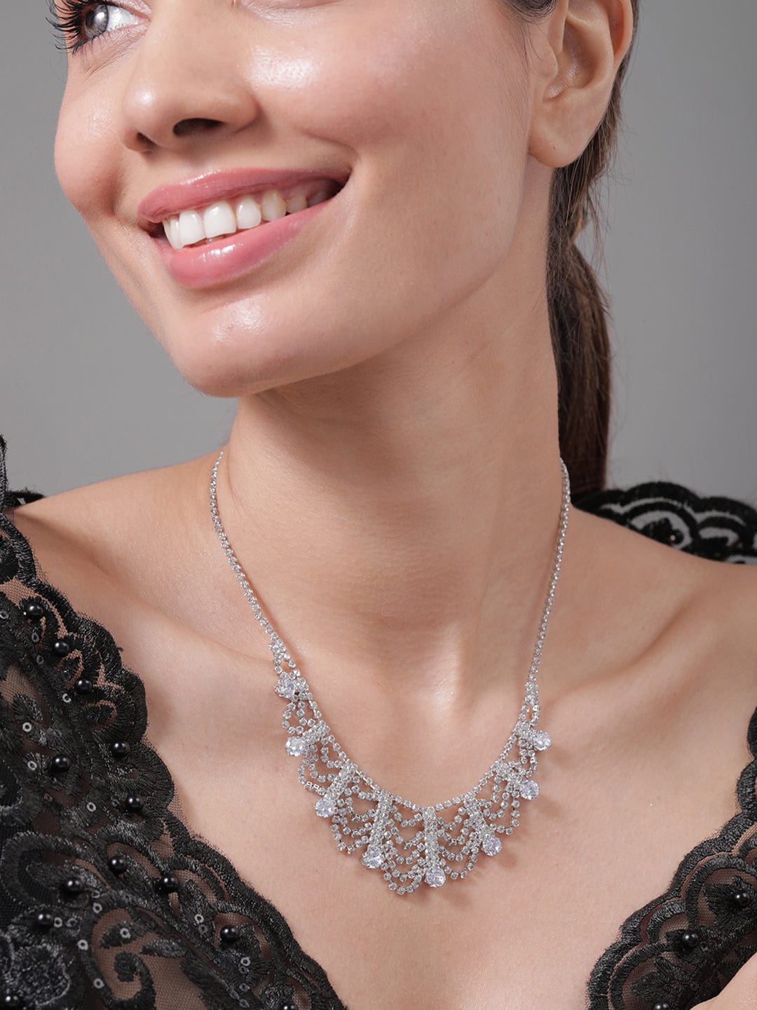 Majestic American Diamond Zirconia Studded Draped Statement Necklace