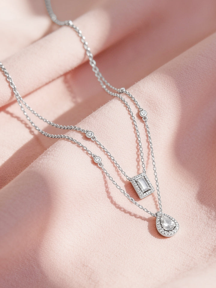 925 Fine Silver Rhodium Plated Cubic Tear Drop Layered Necklace