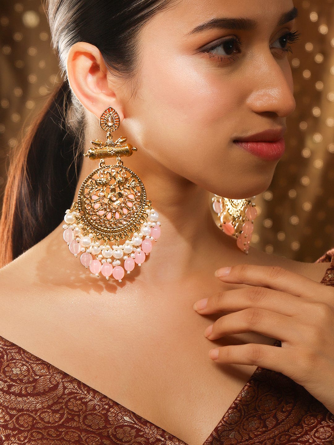 Rubans 18K Antique Gold-Plated Big Chandbali Earrings with Pearl & Pink Bead Accents