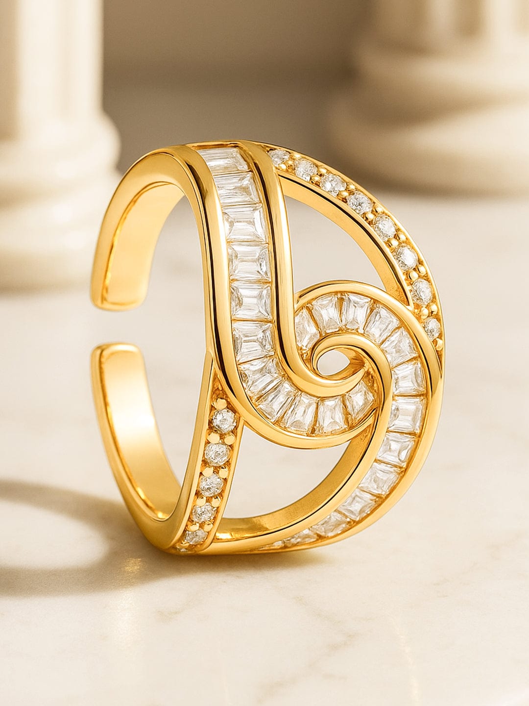 Rubans 18K Gold-Plated Brass Linked Curve Design Cubic Zirconia Adjustable Finger Ring