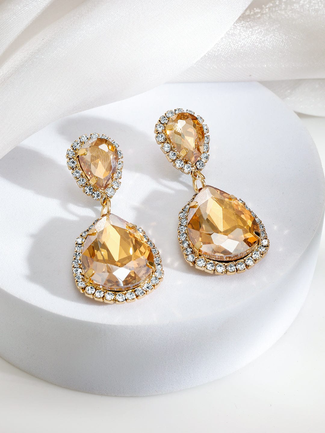 Shimmering Champagne Crystal & American Diamond Zirconia Drop Earrings