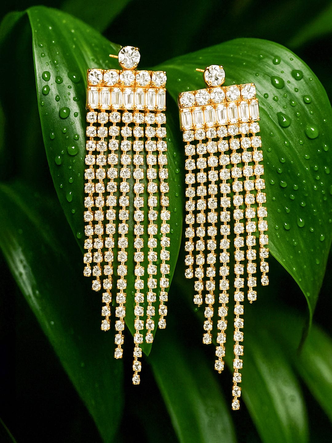 Rubans 18K Gold Plated Crystal Studded Tassel Earrings