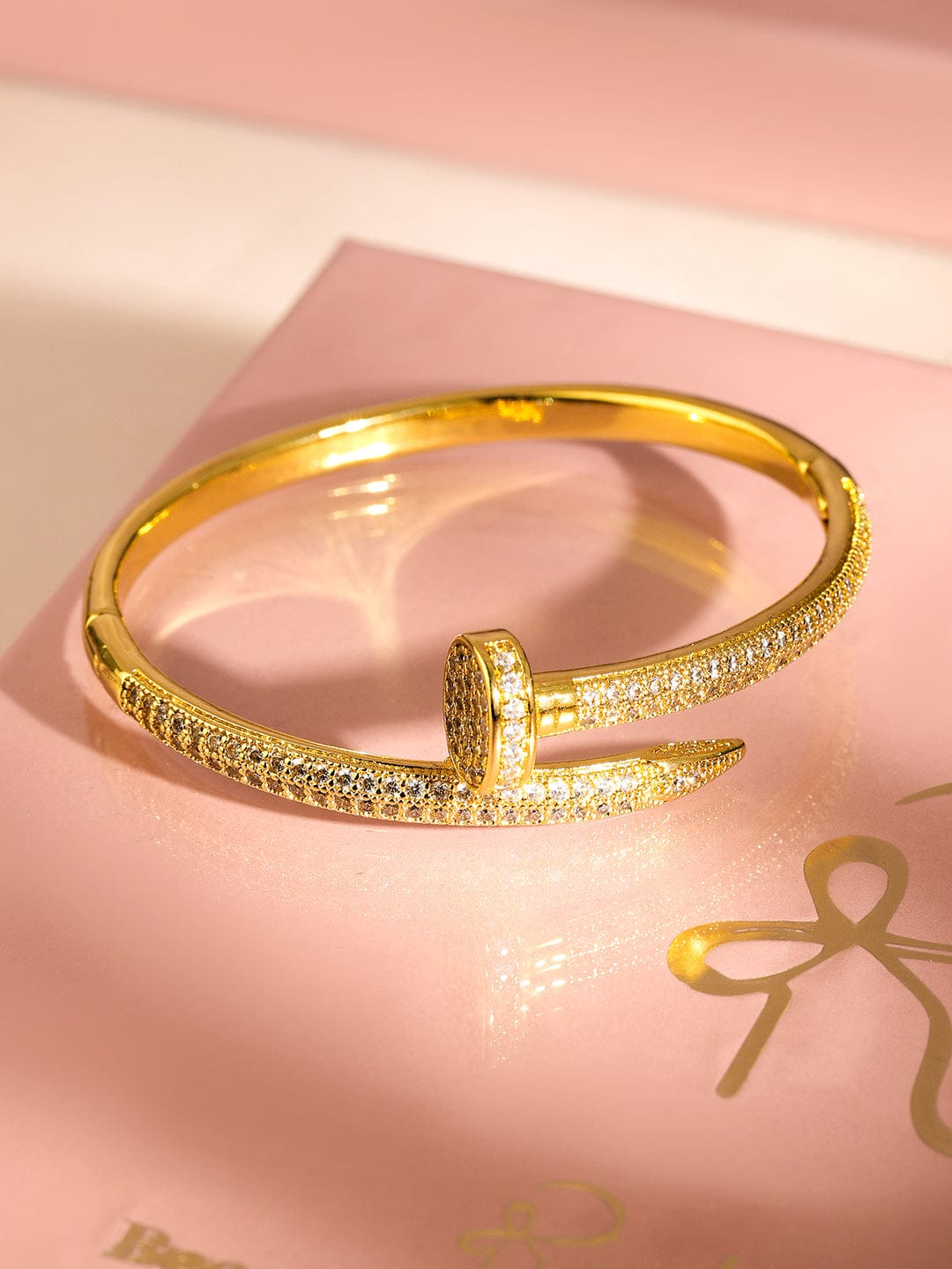 Rubans 18K Gold-Plated Cubic Zirconia Studded Openable Nail Design Bracelet