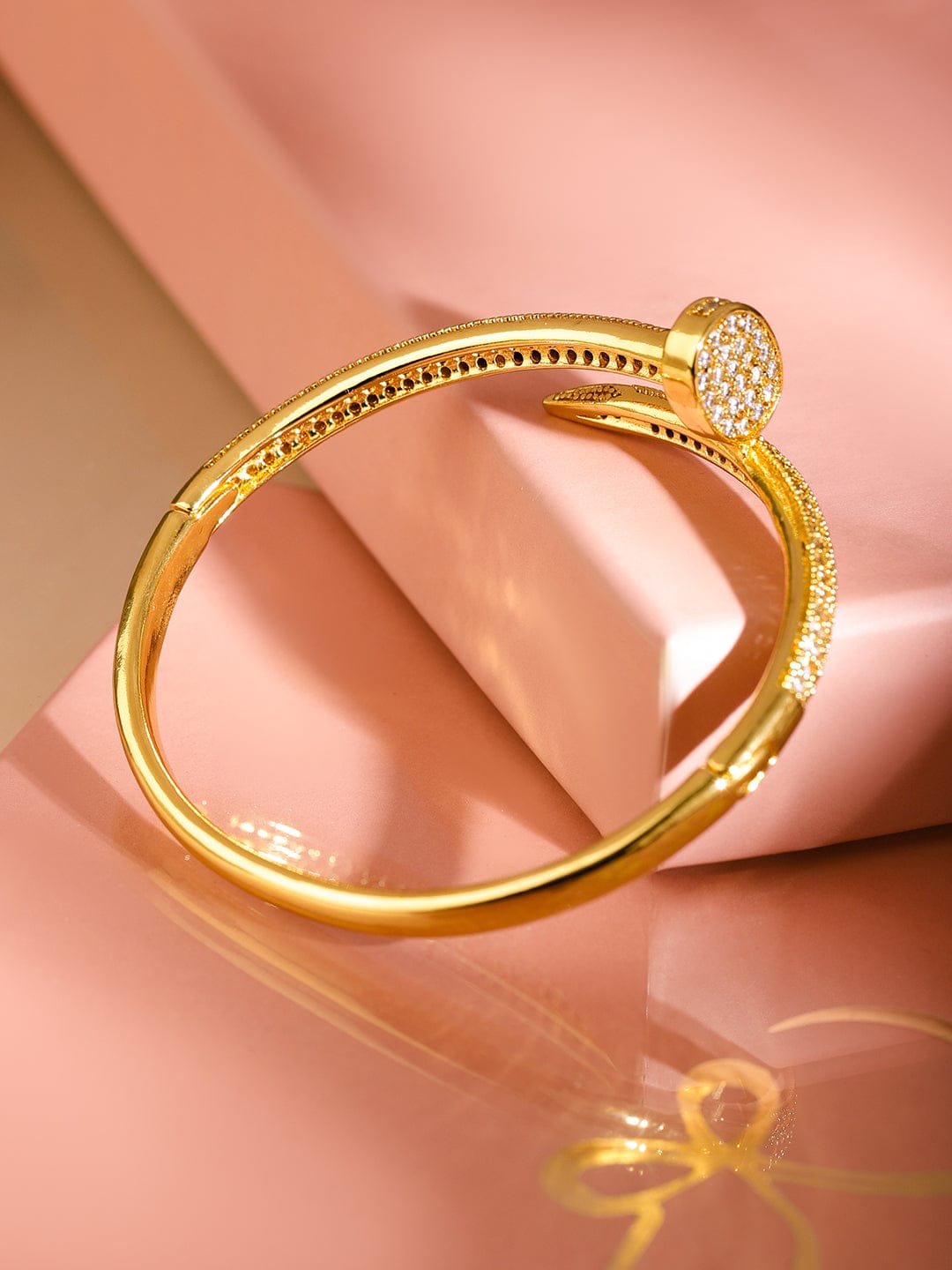 Rubans 18K Gold-Plated Cubic Zirconia Studded Openable Nail Design Bracelet