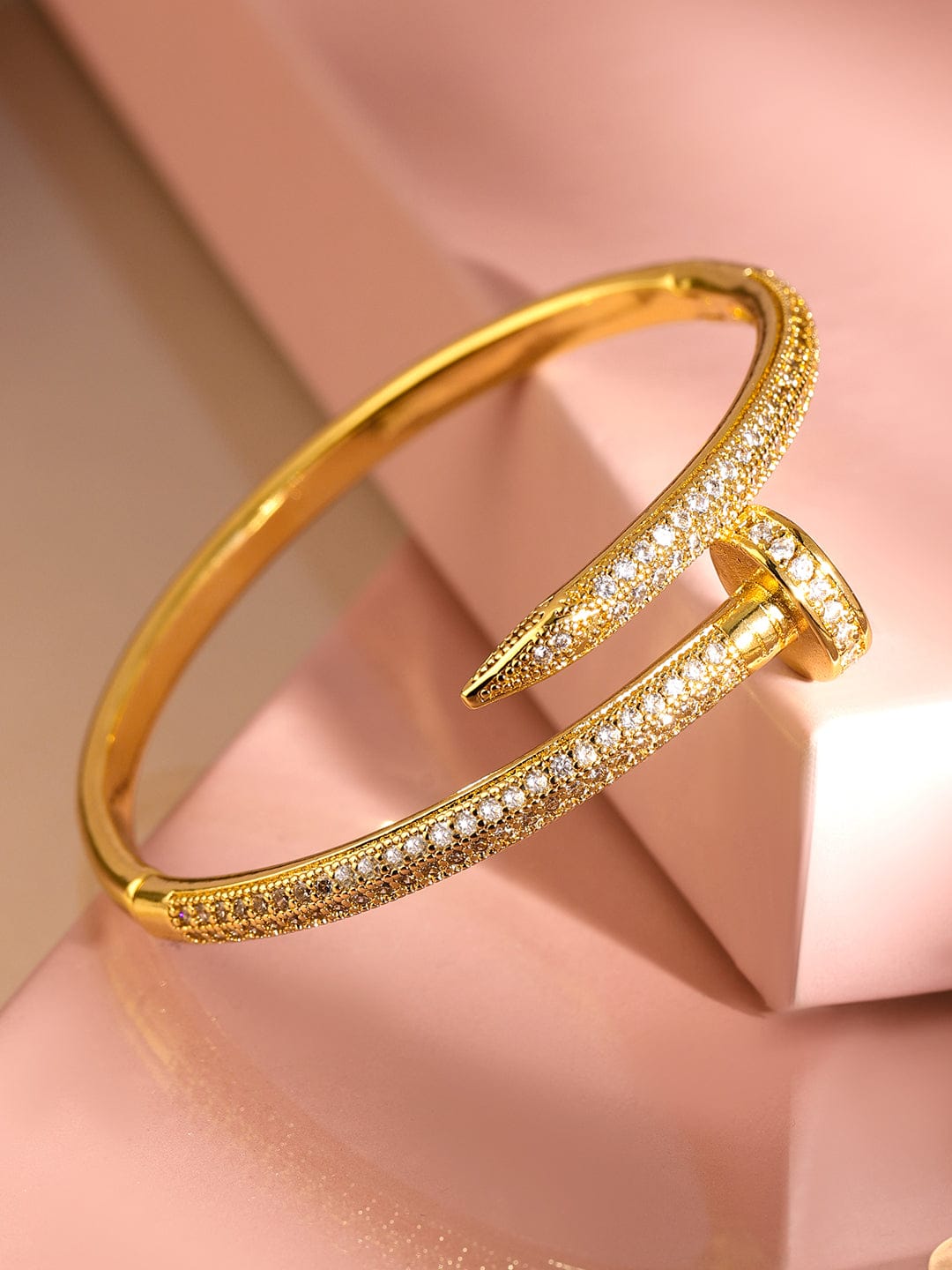 Rubans 18K Gold-Plated Cubic Zirconia Studded Openable Nail Design Bracelet