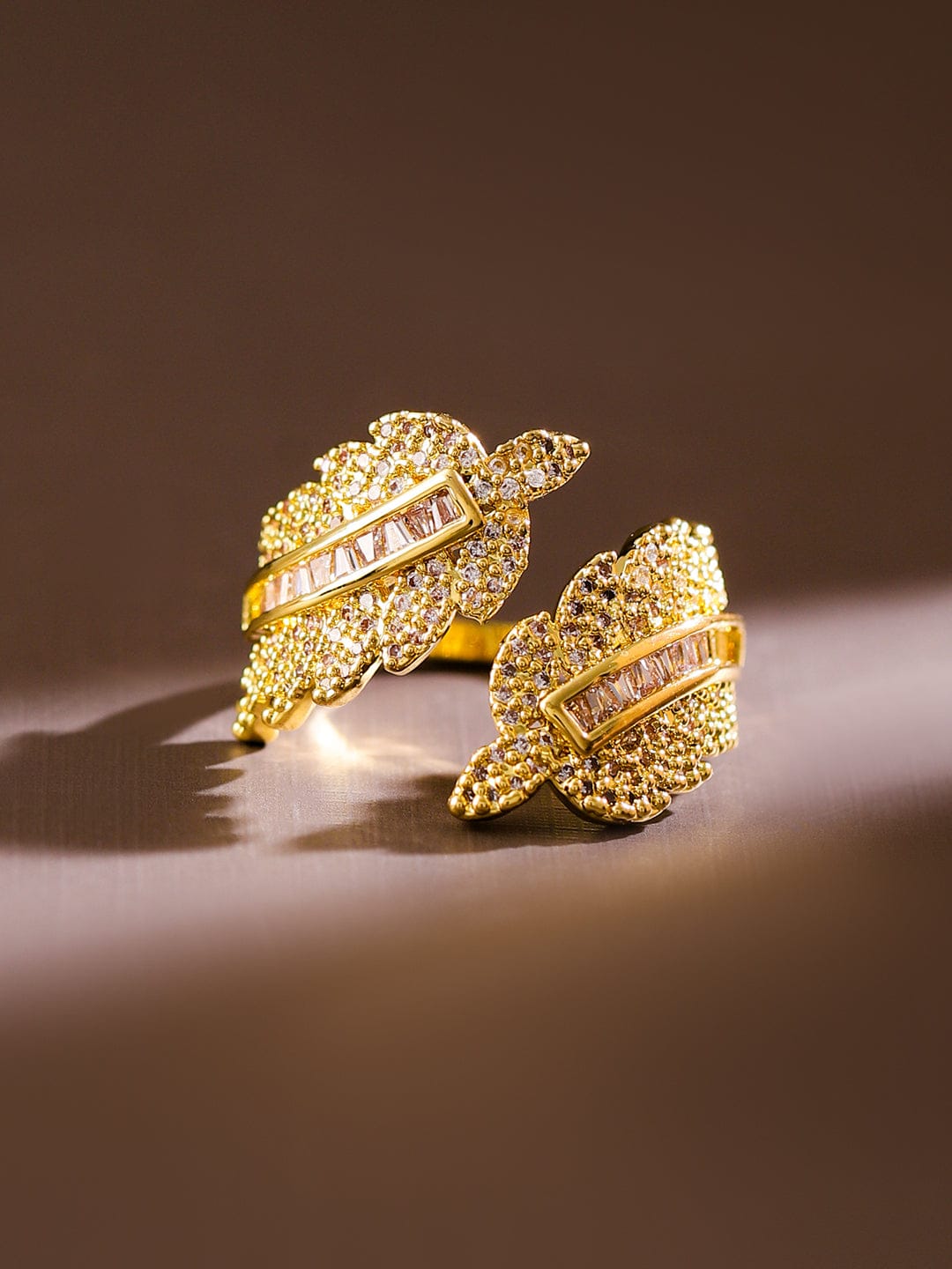 Leaf Textured American Diamond Zirconia Gold Ring
