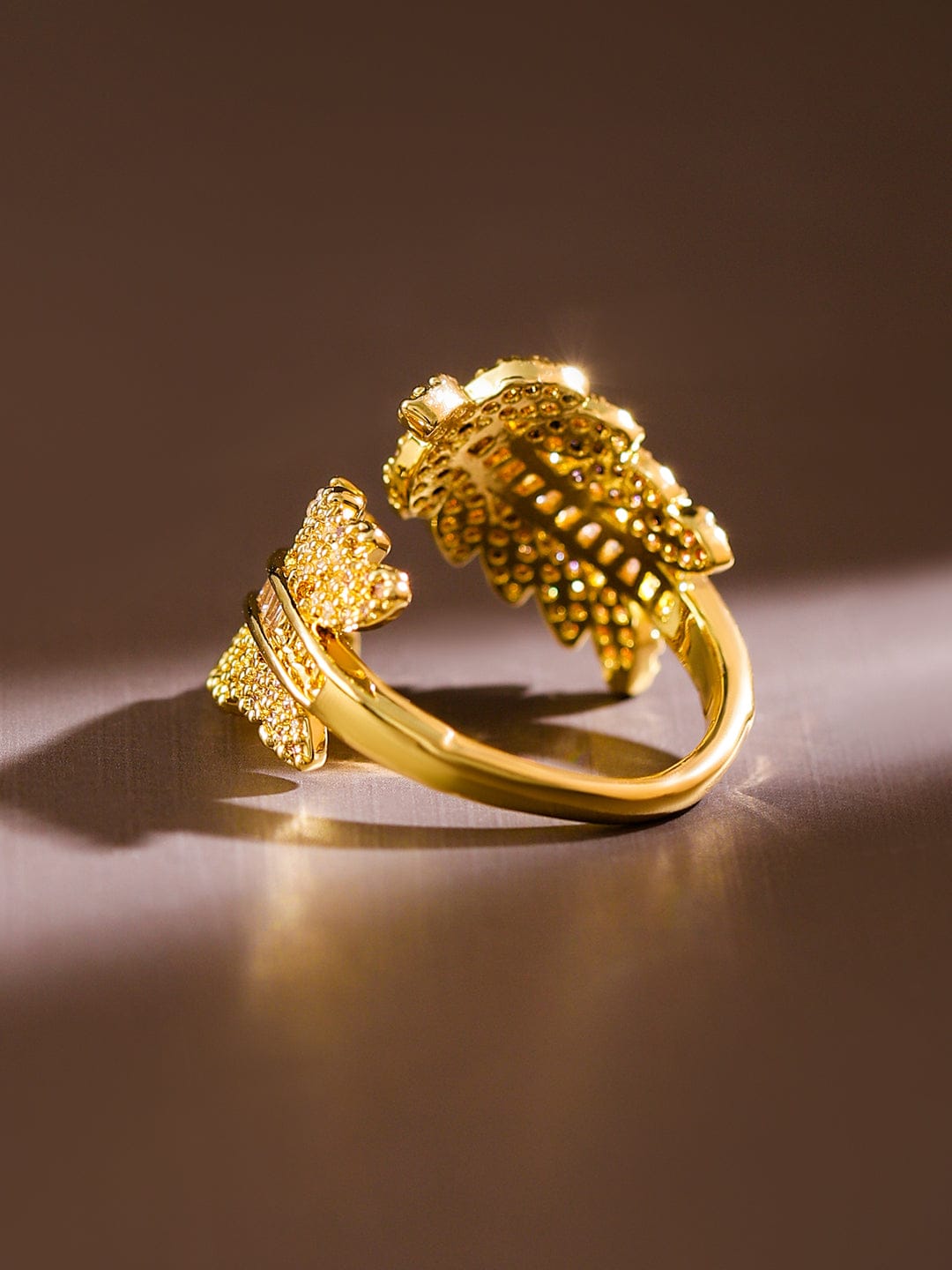 Leaf Textured American Diamond Zirconia Gold Ring