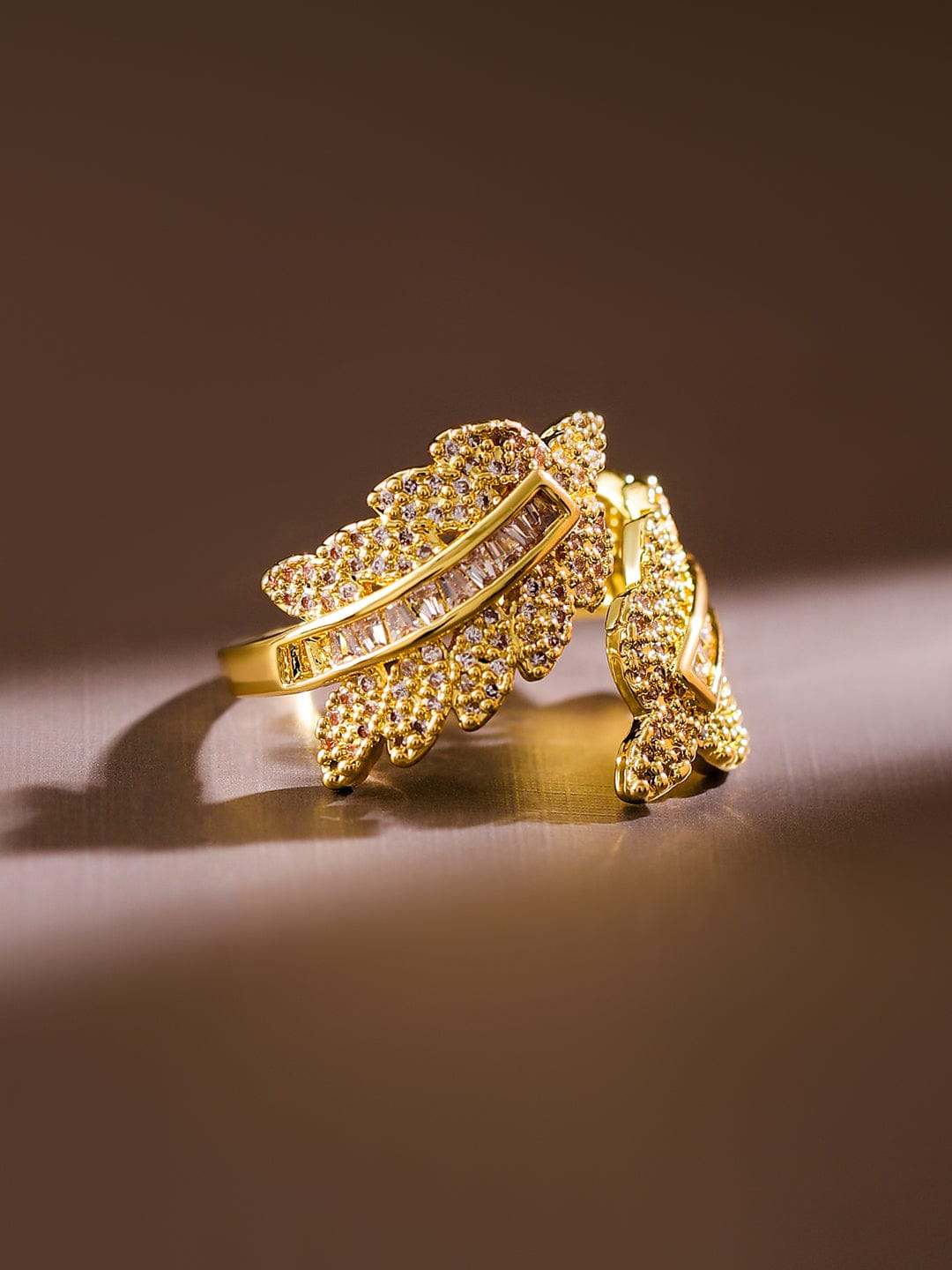 Leaf Textured American Diamond Zirconia Gold Ring