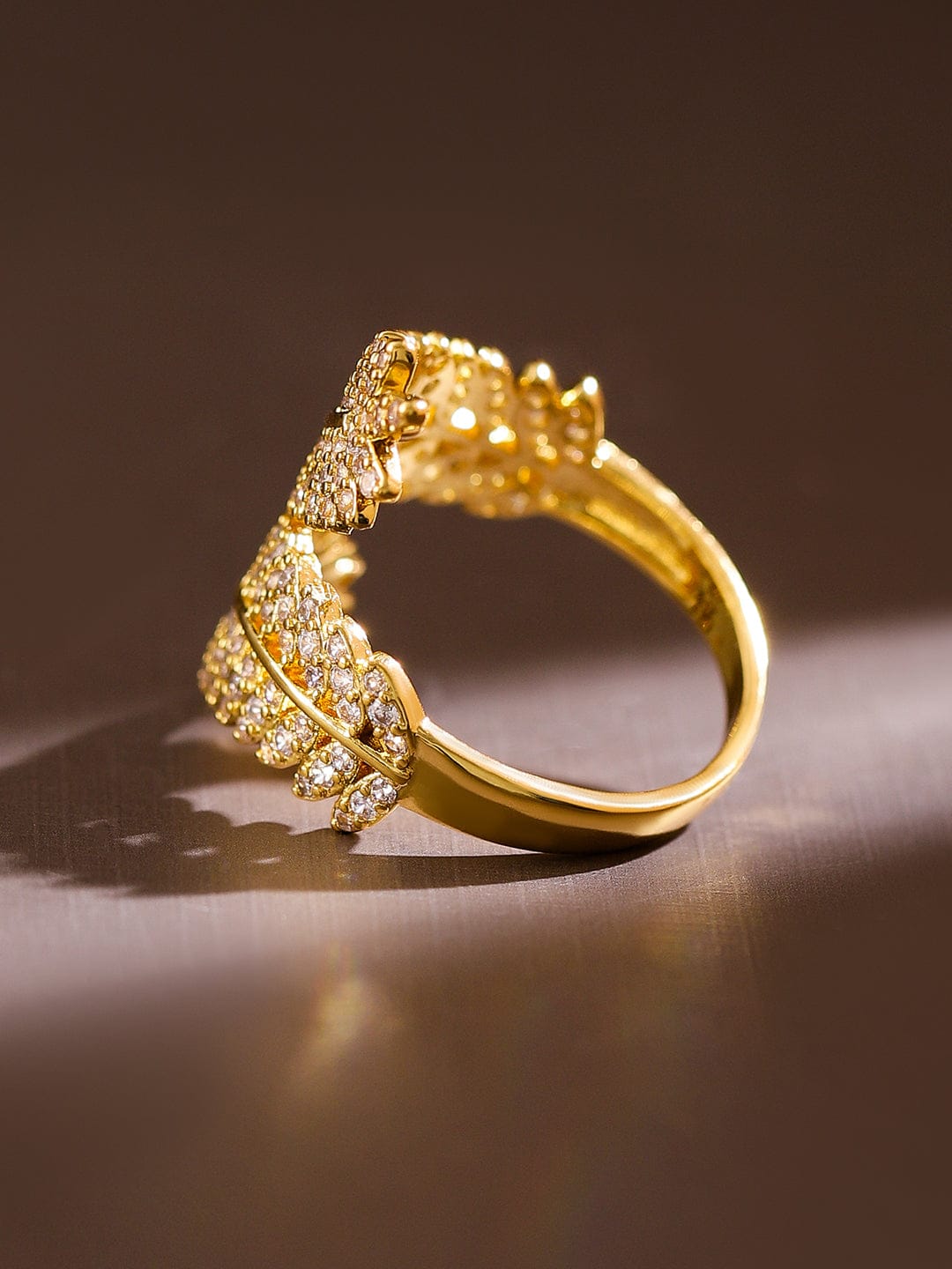 American Diamond Zirconia Leaf Design Gold Ring