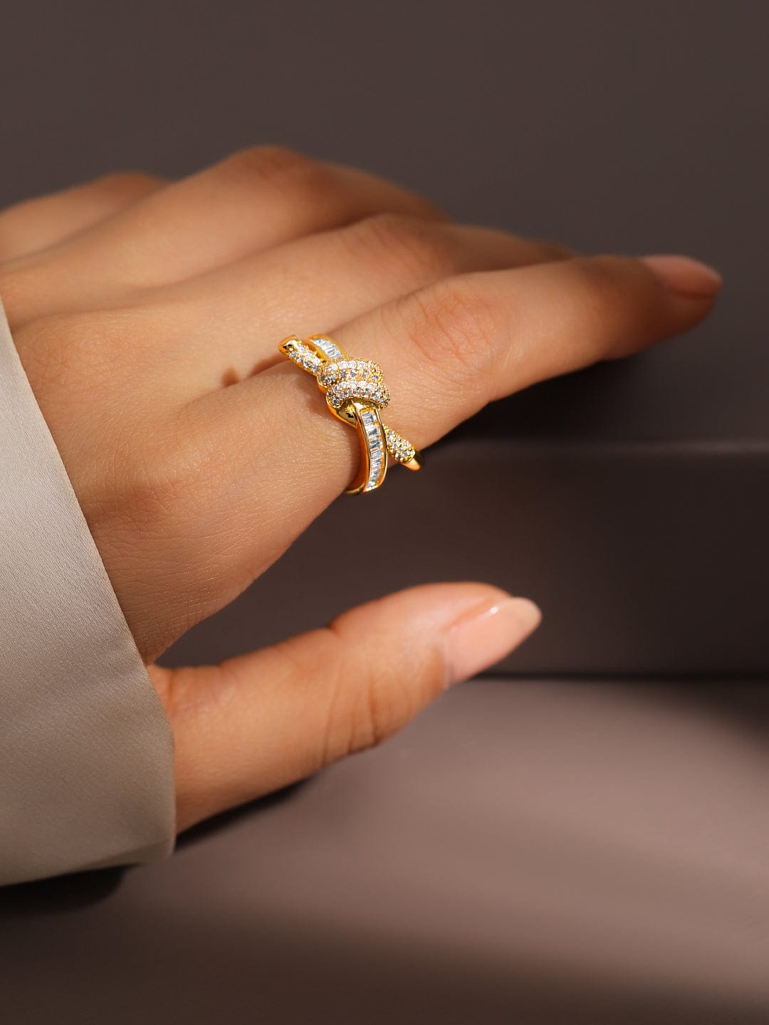 American Diamond Zirconia Gold Knot Ring