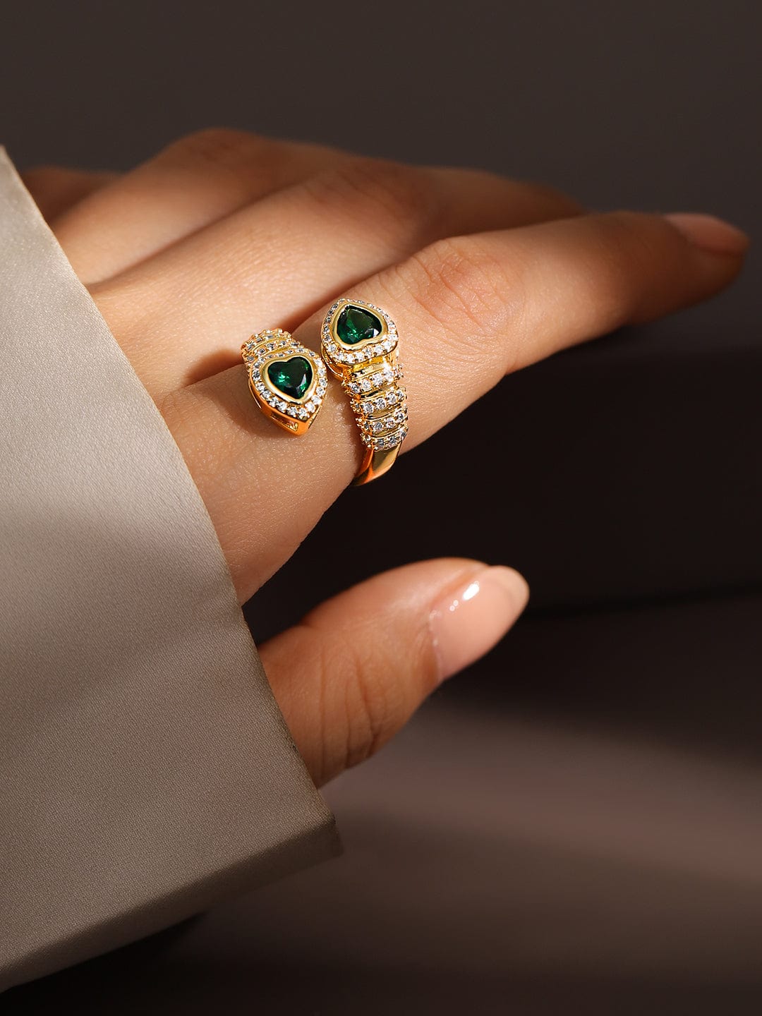Rubans 18K Gold-Plated Emerald & CubicZirconia Studded Heart Motif Openable Ring